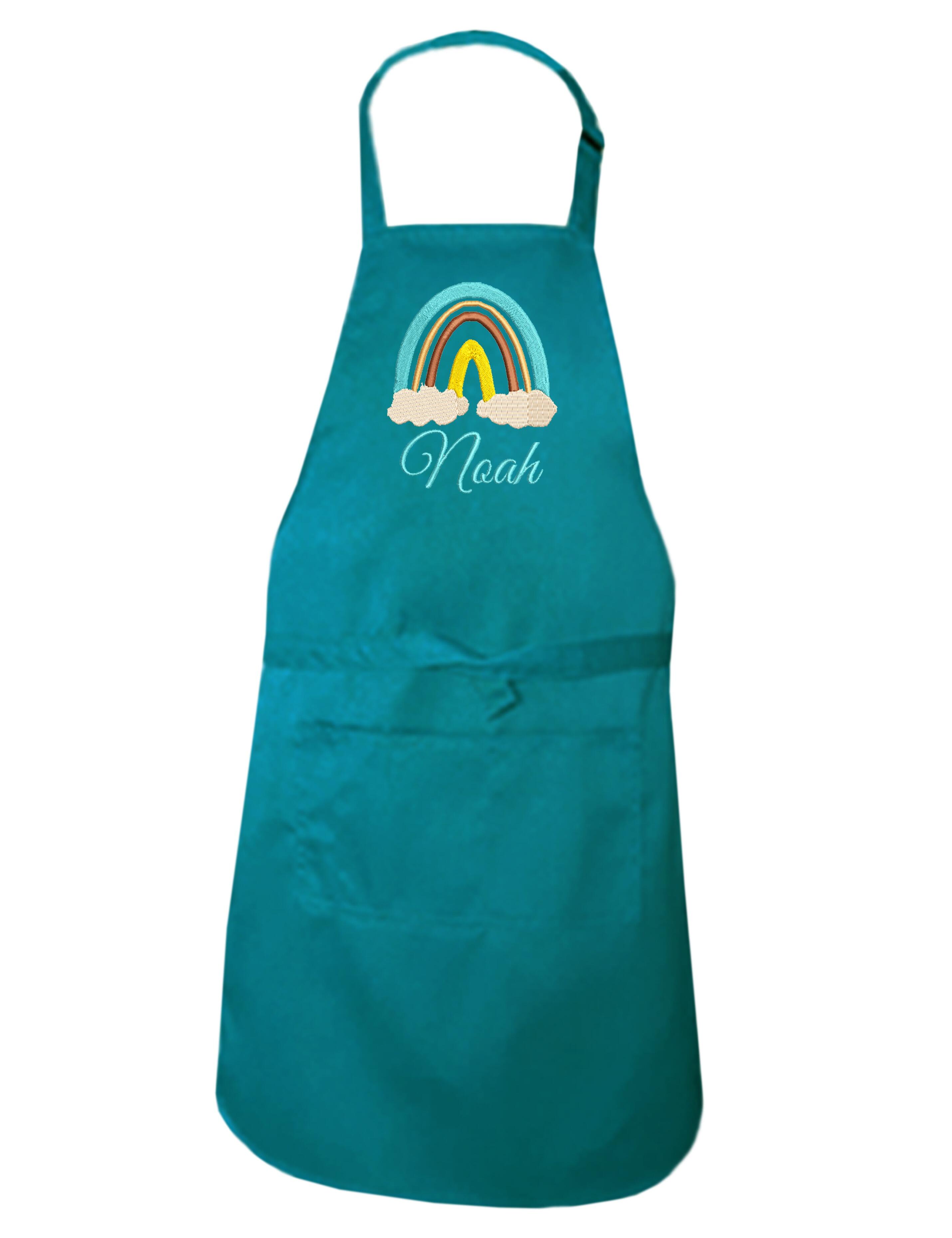 Personalised Rainbow Kids Apron Teal Embroidered