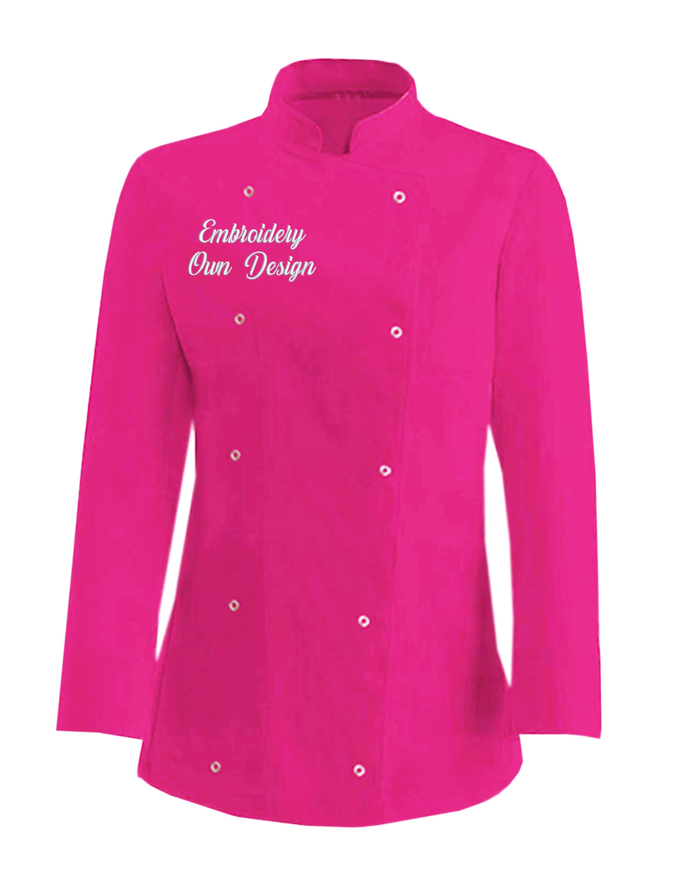 Personalised Women's Long Sleeve Chef's Jacket Hot Pink with embroidery