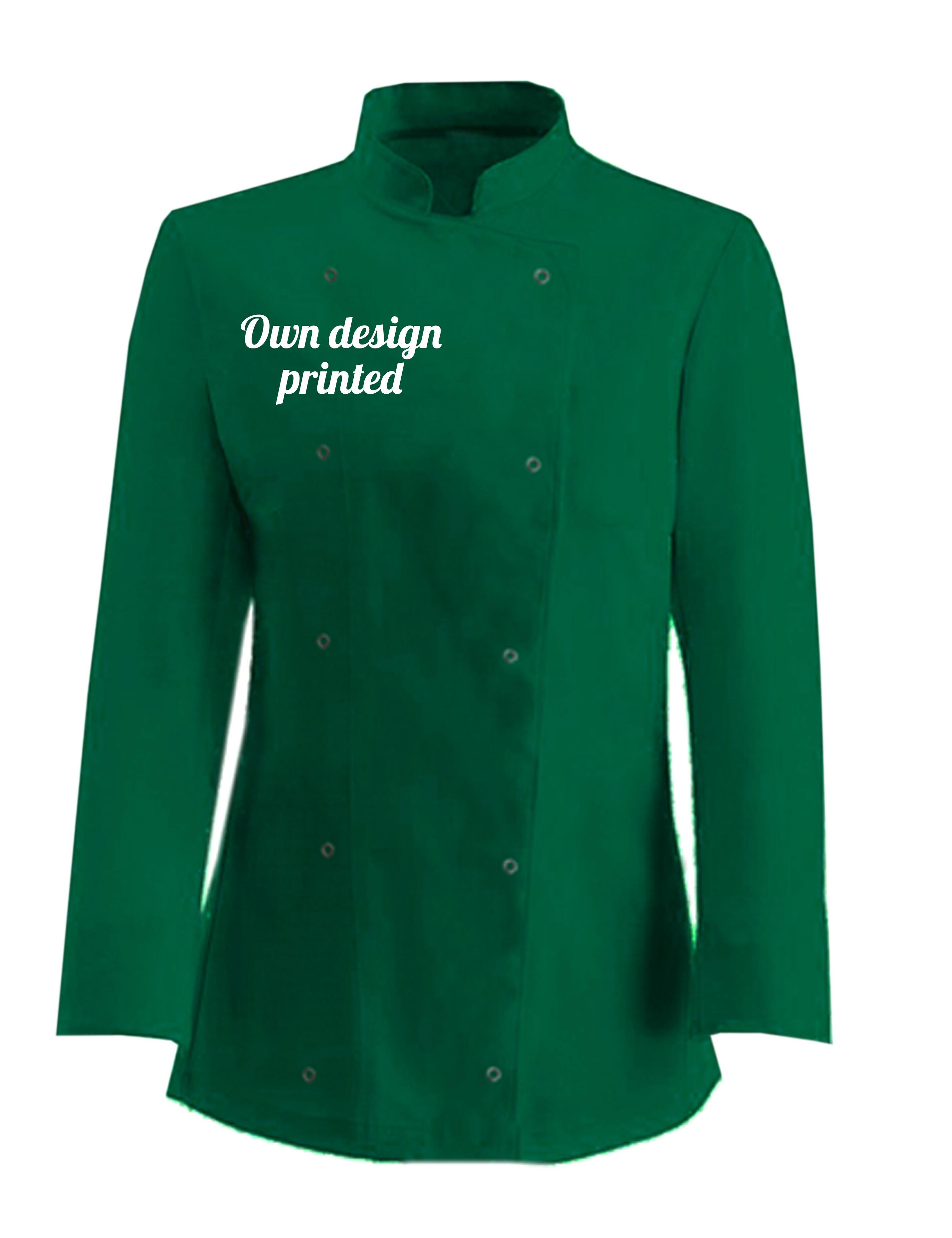 Personalised Women's Long Sleeve Chef's Jacket kelly green with print
