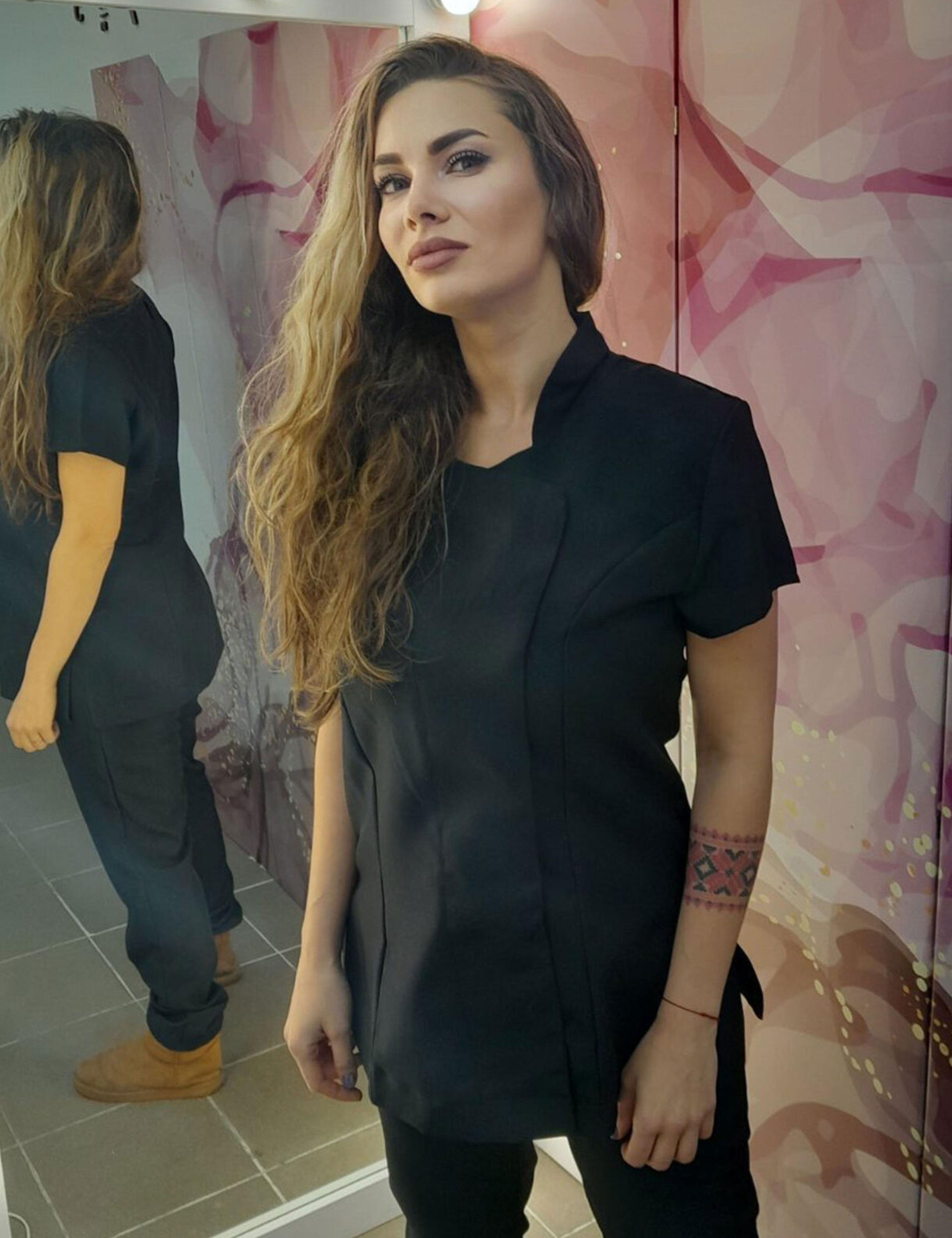 women’s black beauty tunic custom embroidered logo
