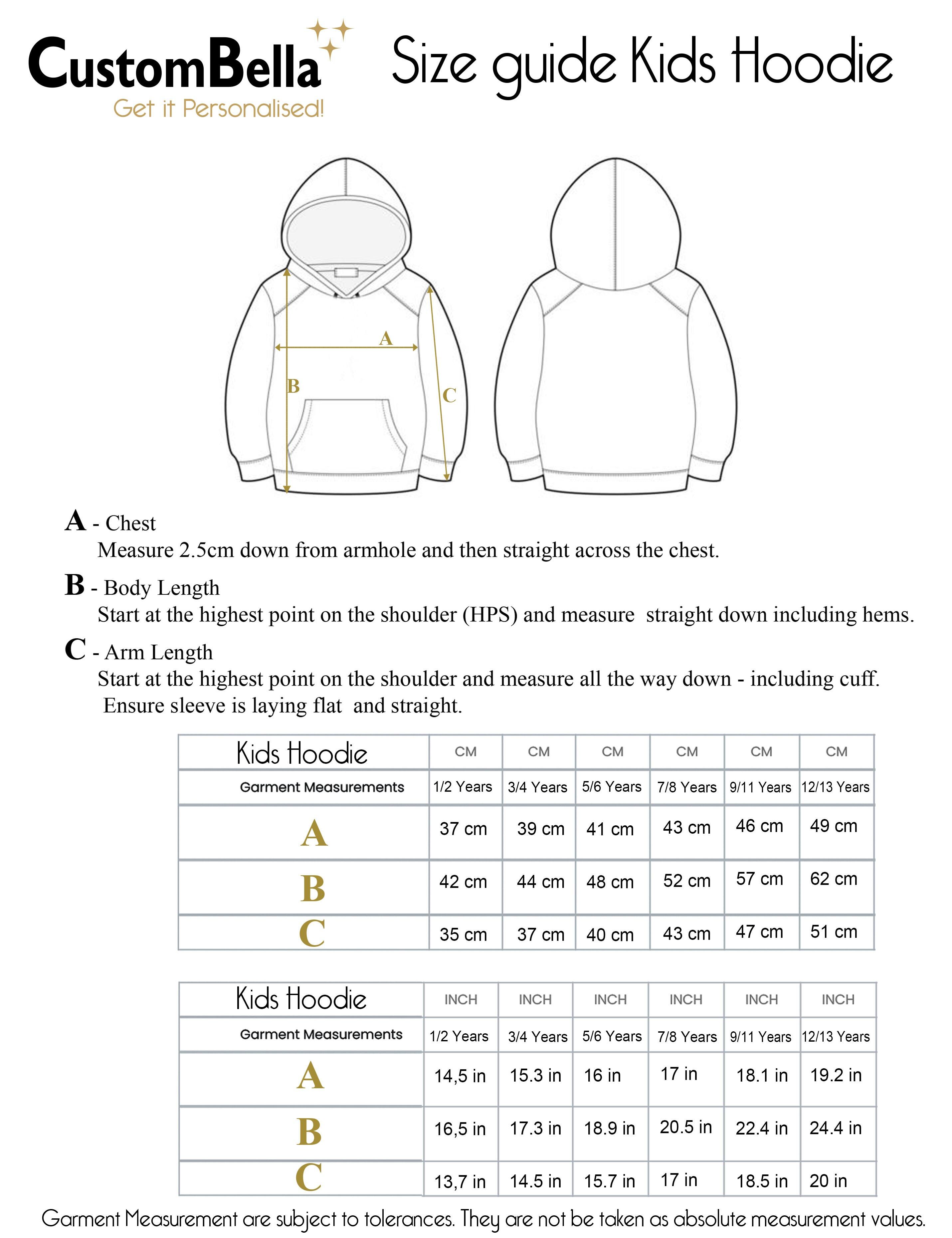 Printed Kids Hoodie Ash size chart