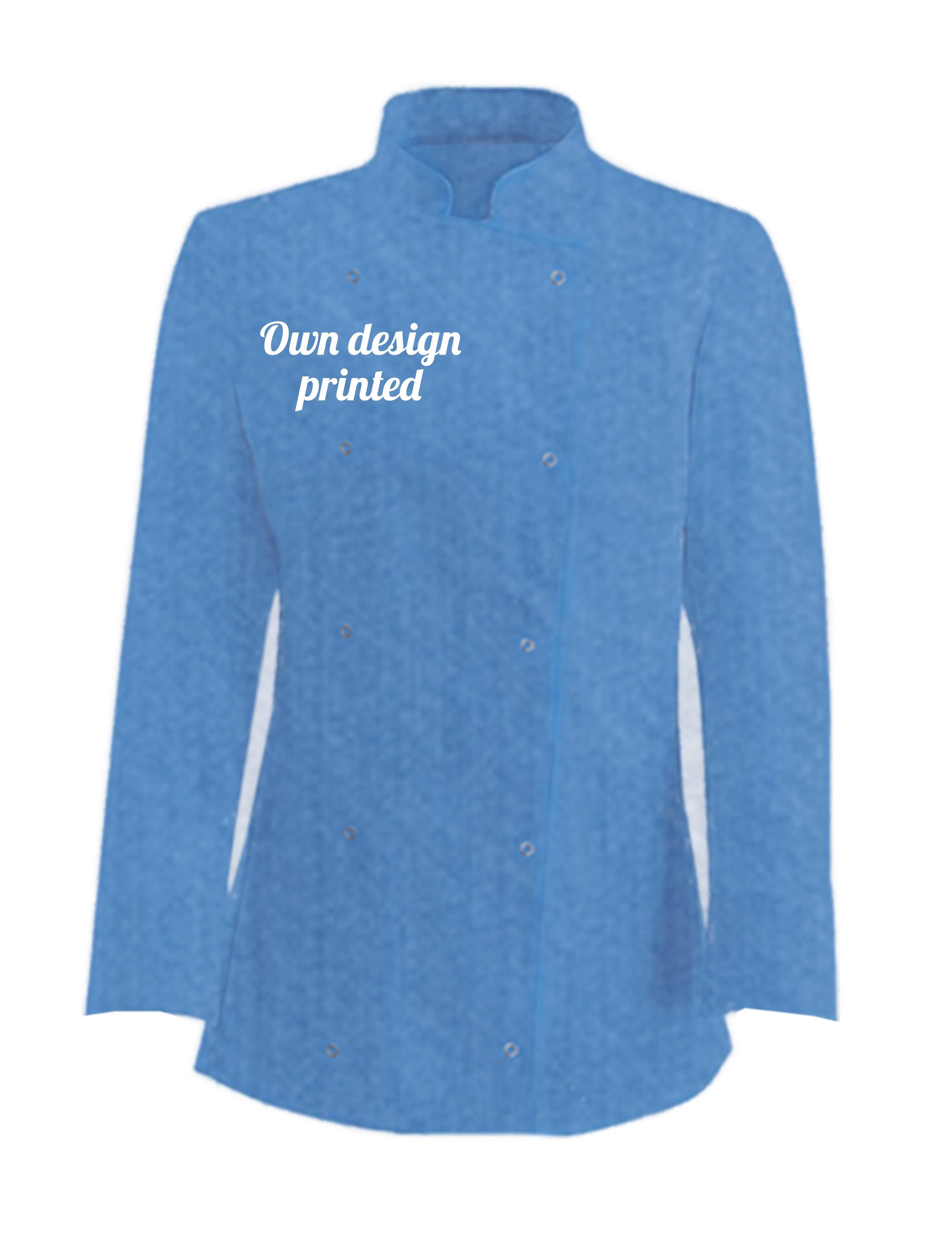 Personalised Women's Long Sleeve Chef's Jacket denim blue with print