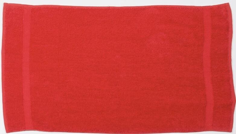 Custom embroidered red bath towel personalised with logo in-house Greenock UK