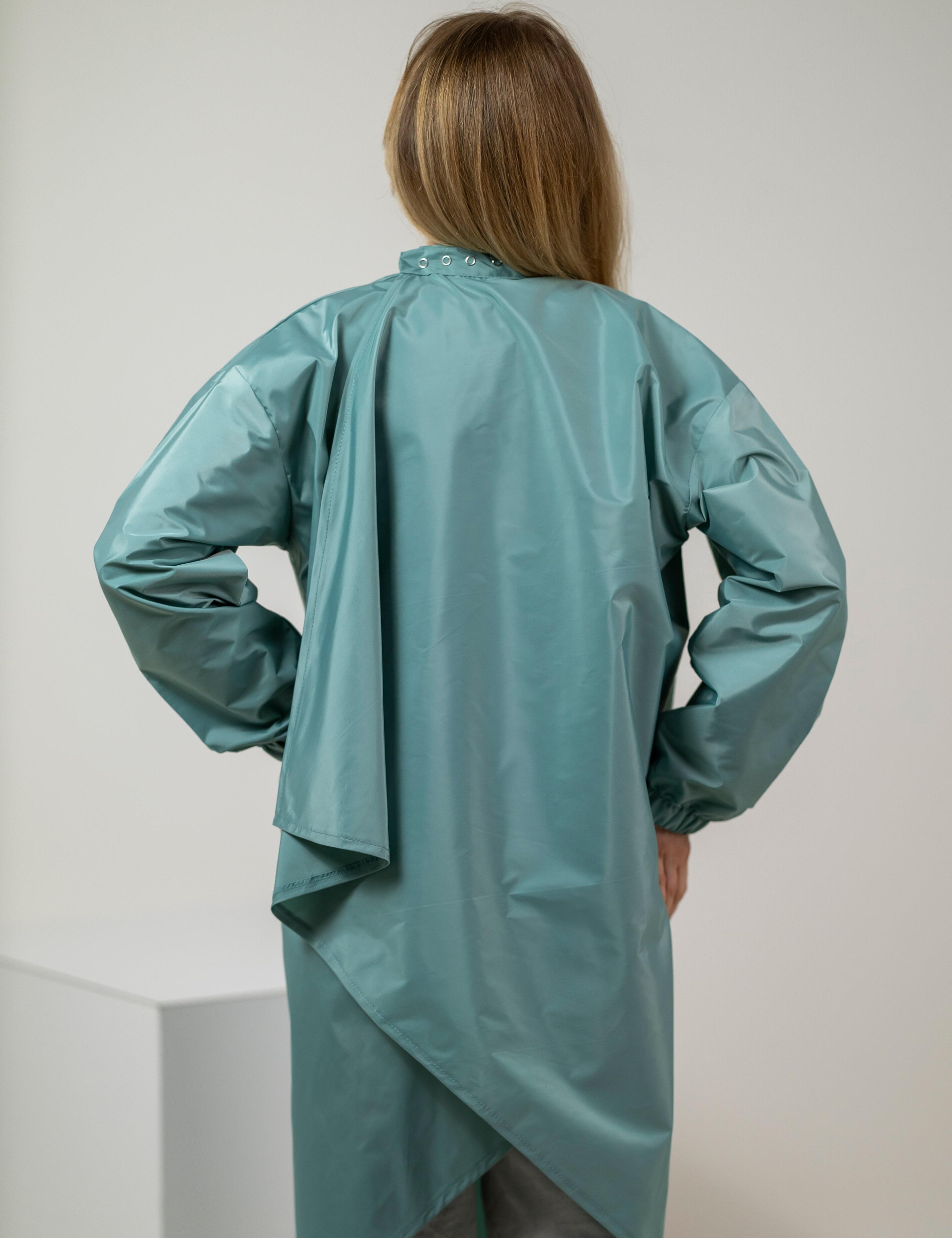 Custom embroidered sage salon cape with sleeves