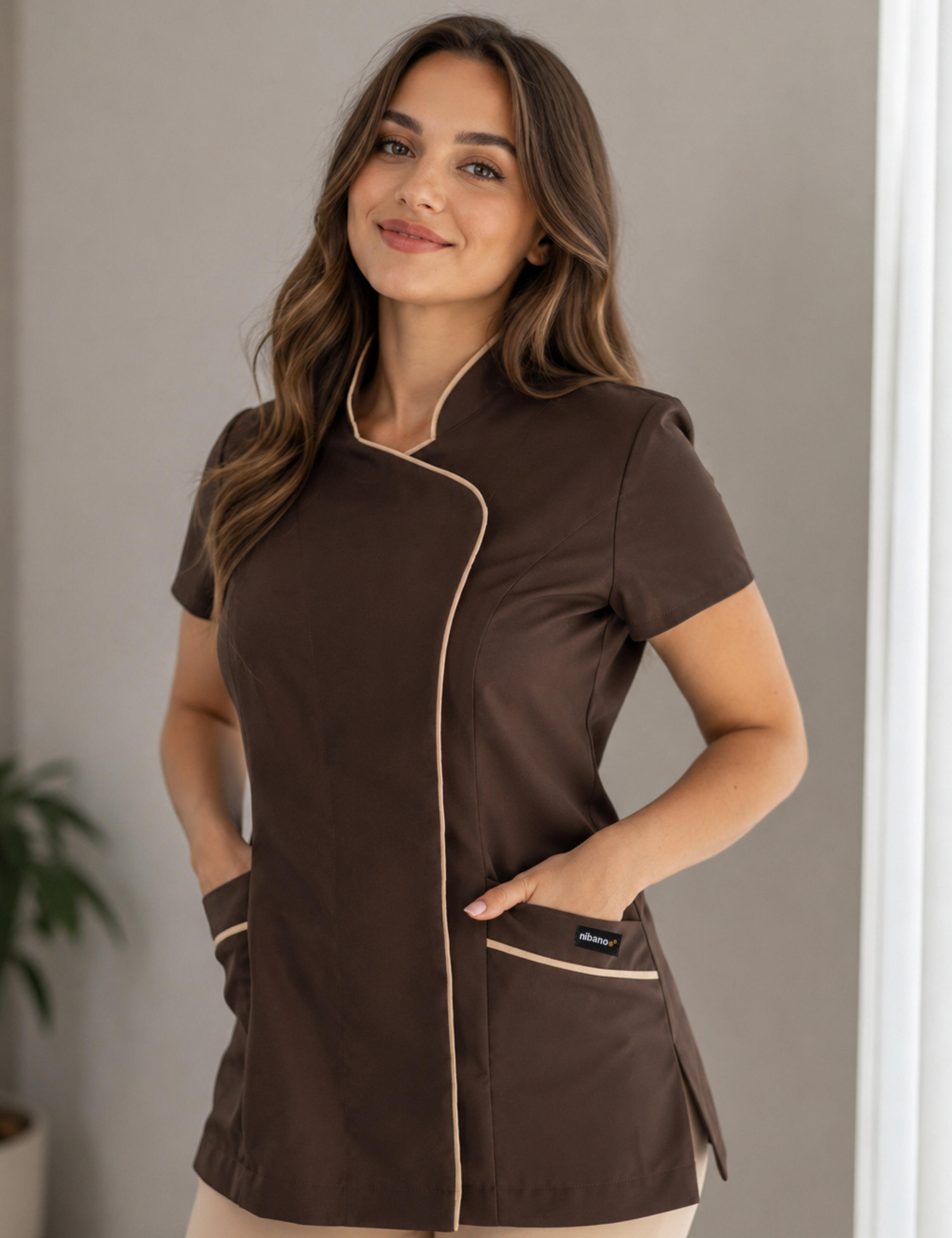Brown and beige women's essential beauty uniform tunic with options for plain, printed, or embroidered finish