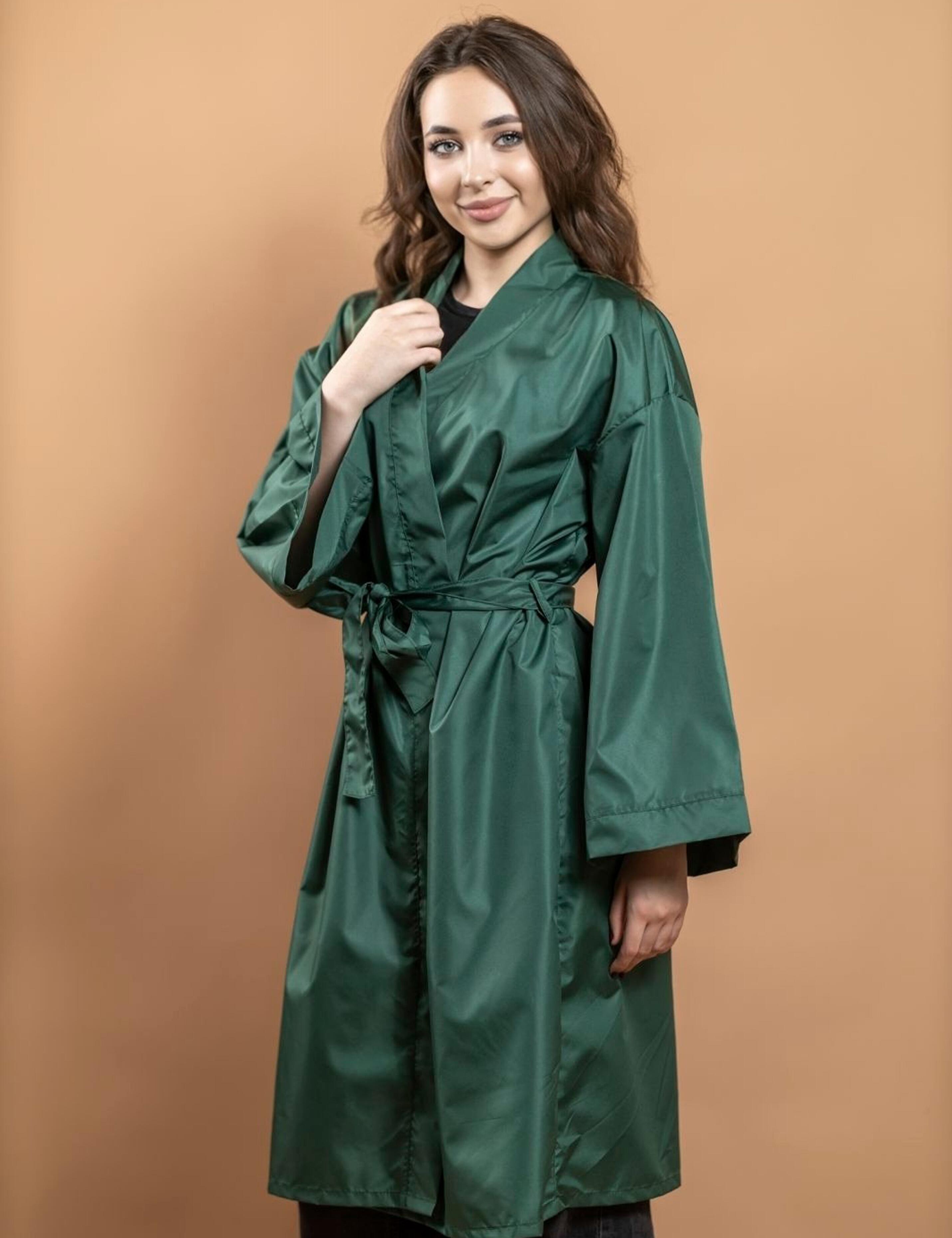 Bottle green professional hairdressing kimono robe with custom printed logo