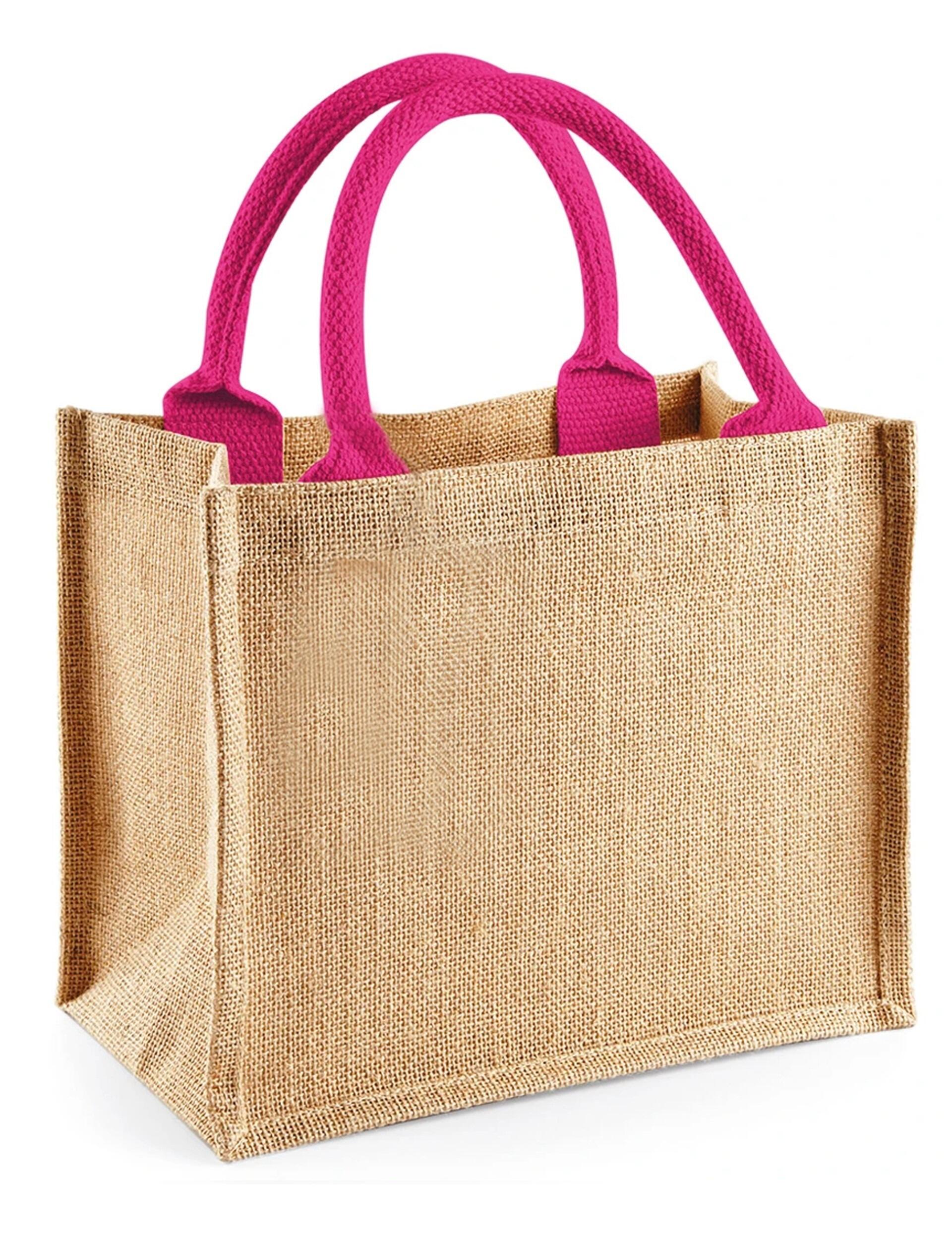 Natural Jute Mini Gift Bag with Hot Pink Handles Plain or Printed