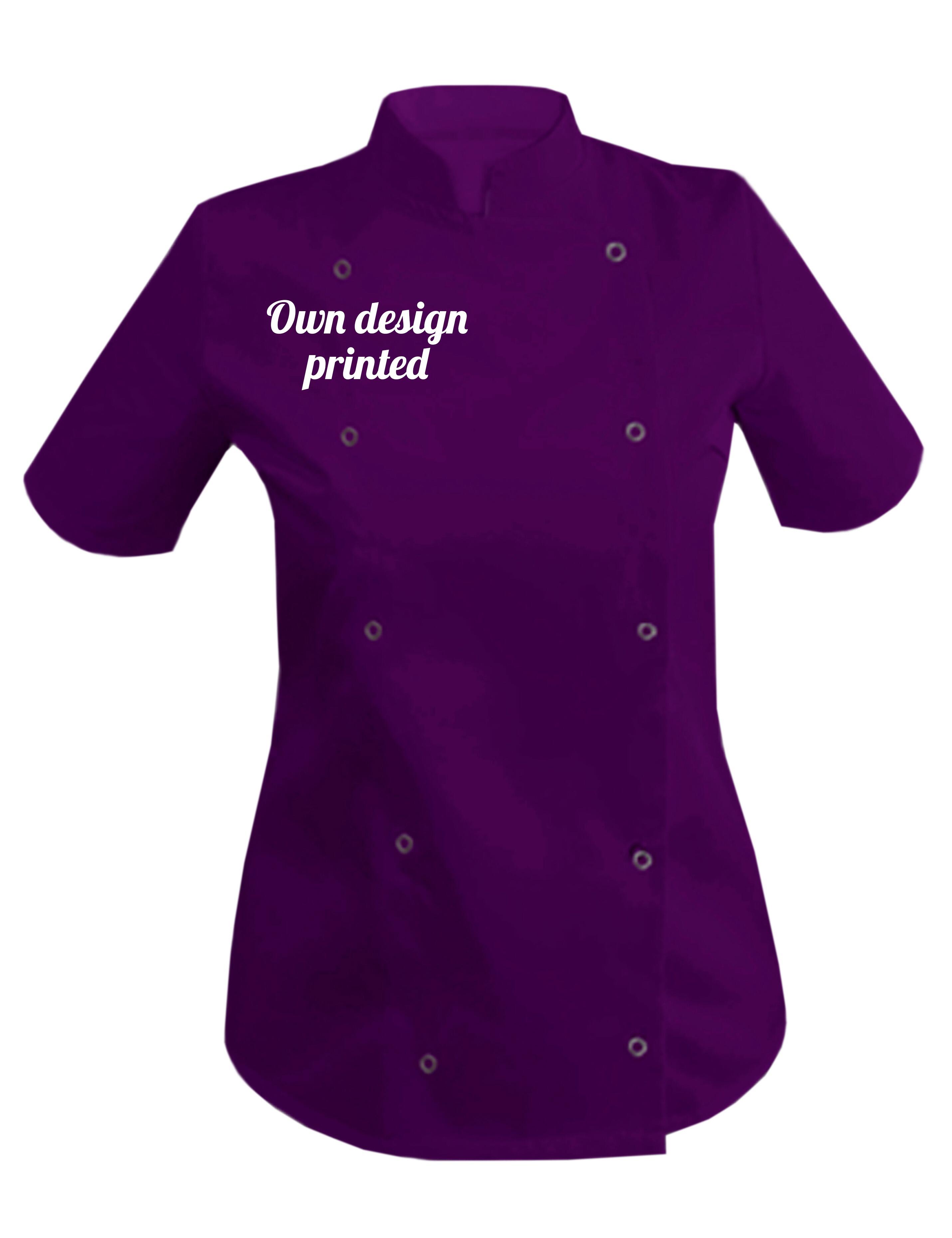 Personalised Women's Short Sleeve Chef's Jacket Purple with print