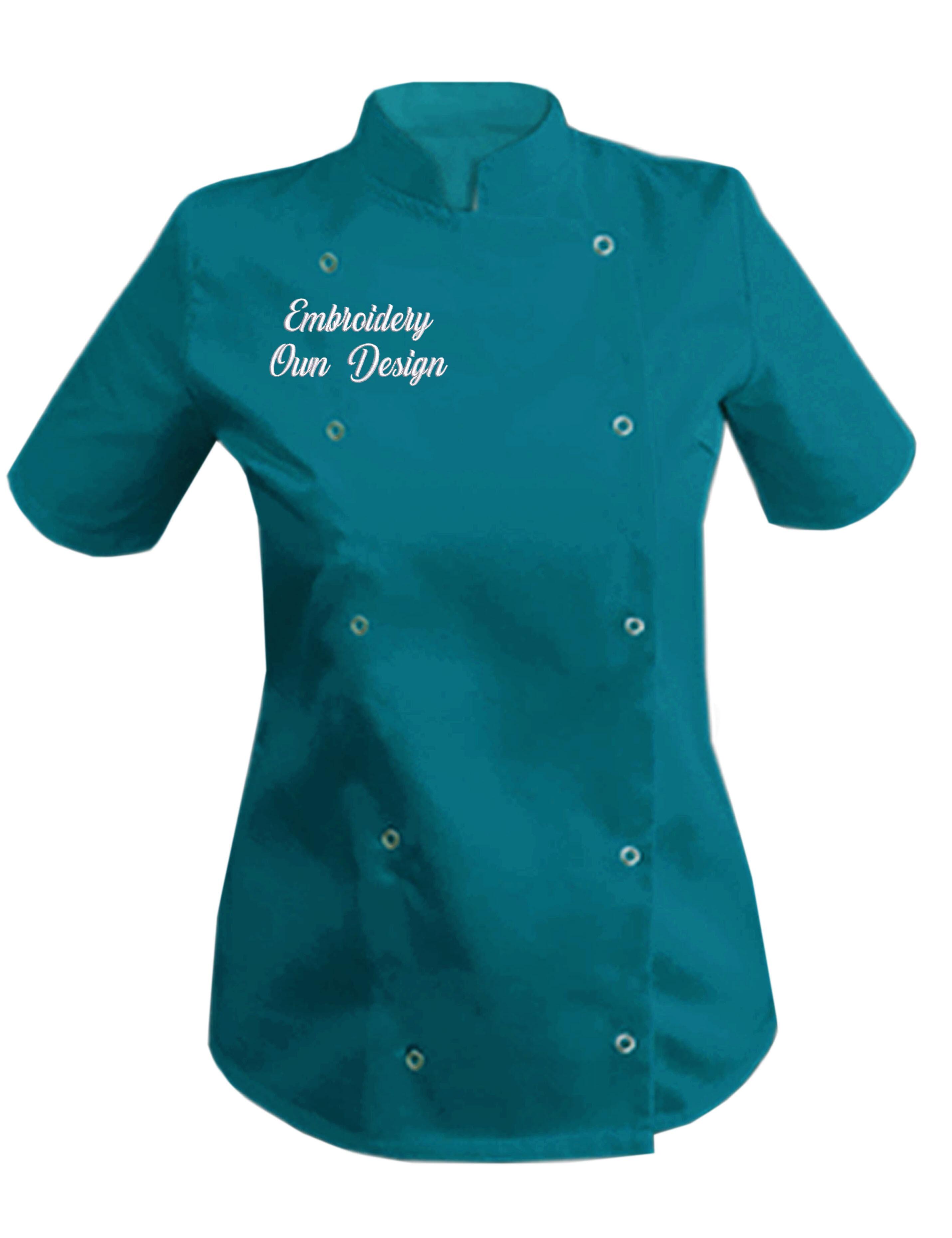 Personalised Women's Short Sleeve Chef's Jacket teal with embroidery