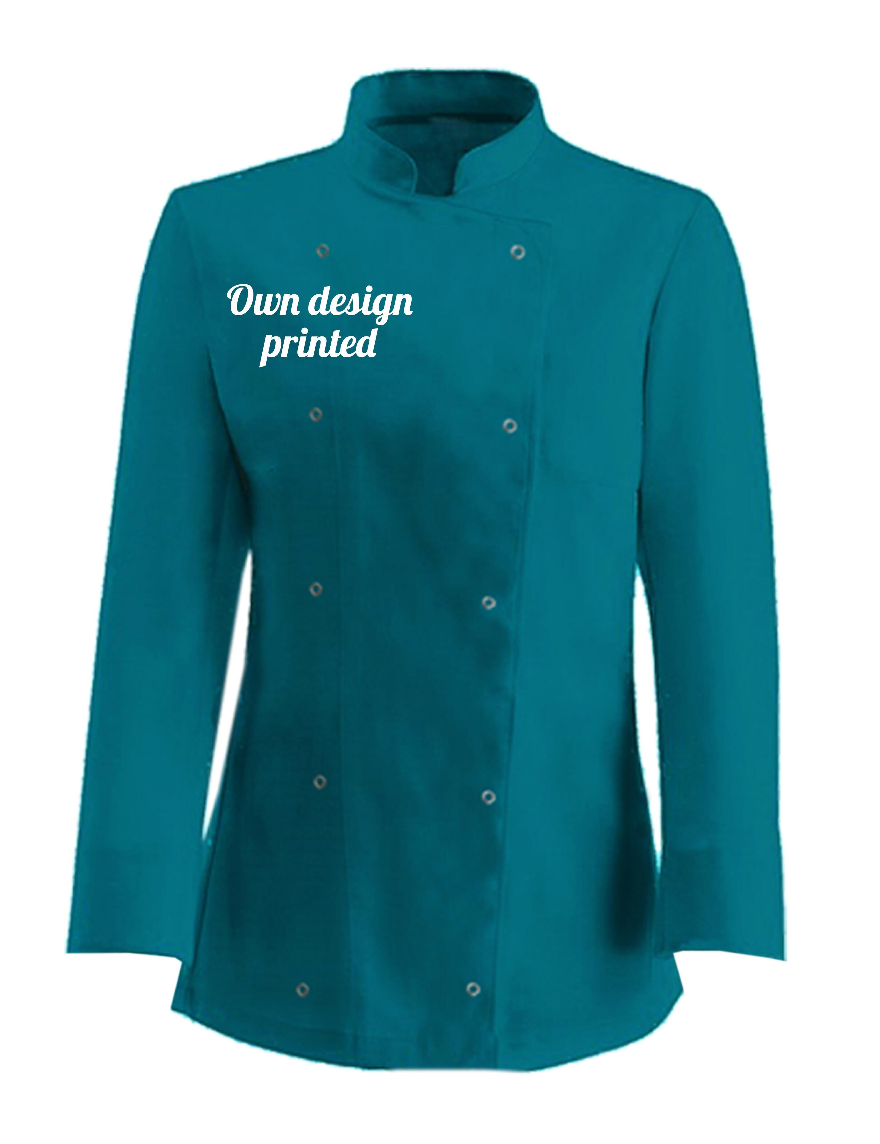 Personalised Women's Long Sleeve Chef's Jacket Teal with print