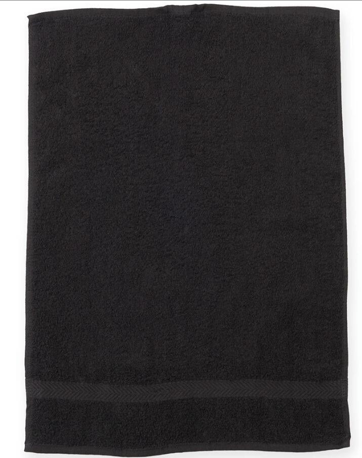Custom embroidered black gym towel personalised in-house at our Experience Shop in Greenock for sports or salons.