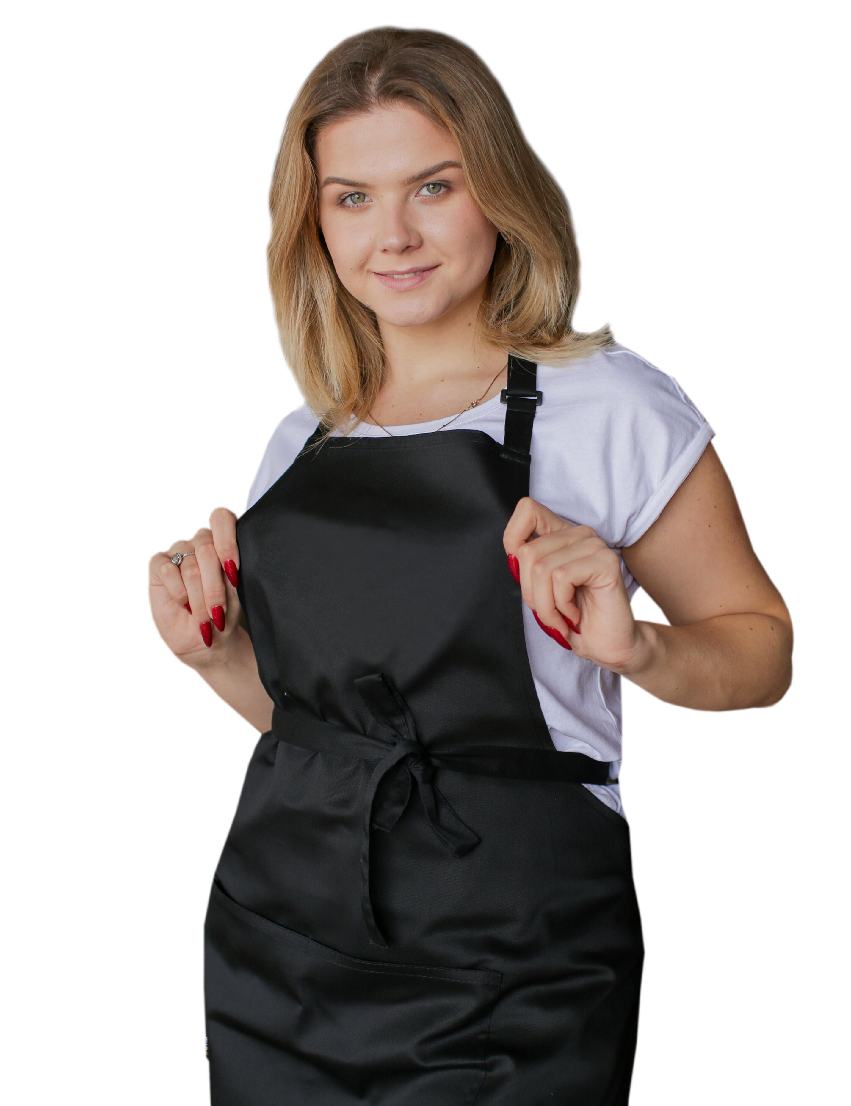 Black mid-length polycotton bib apron with customizable print or embroidery