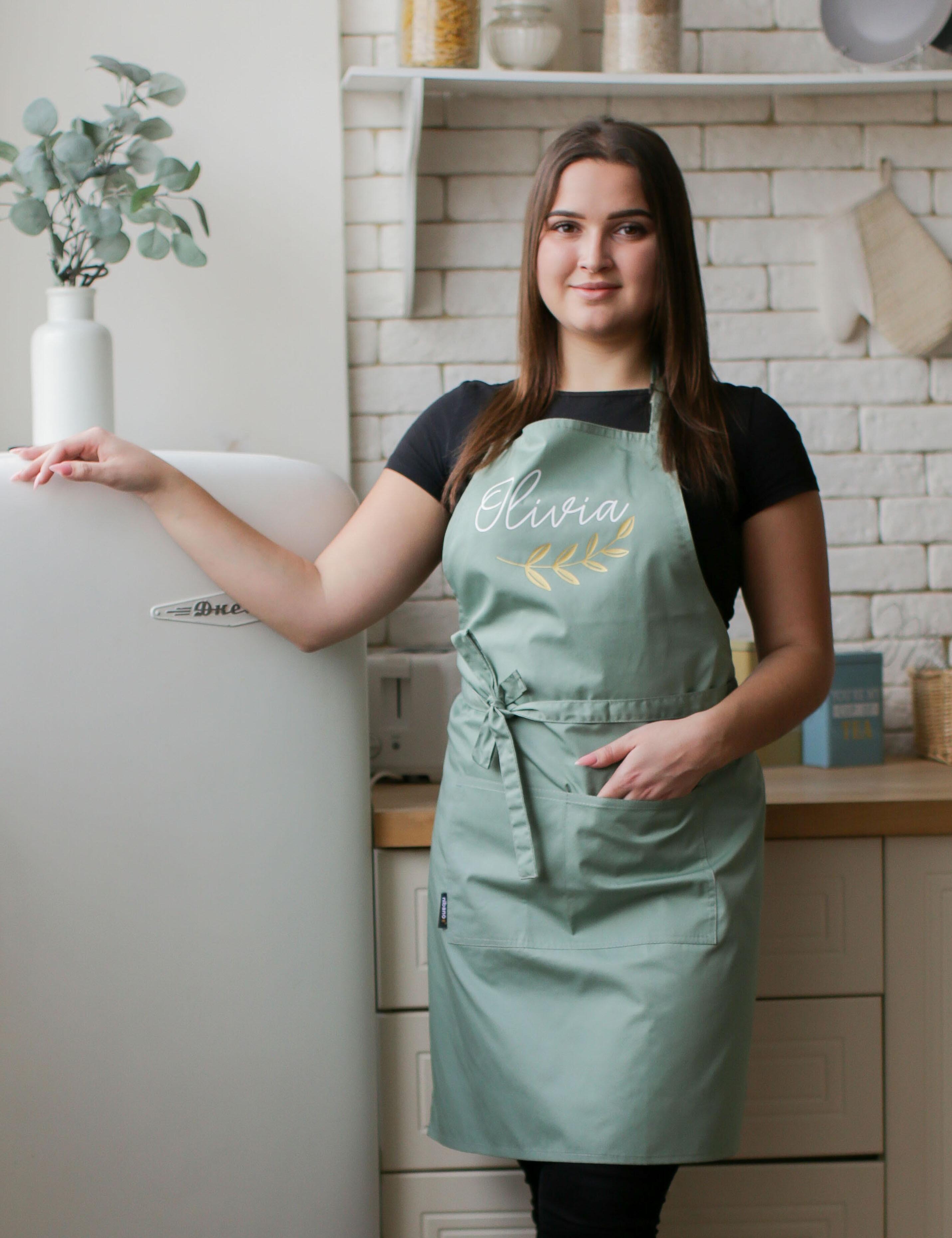 Classic olive green polycotton bib apron, mid-length design