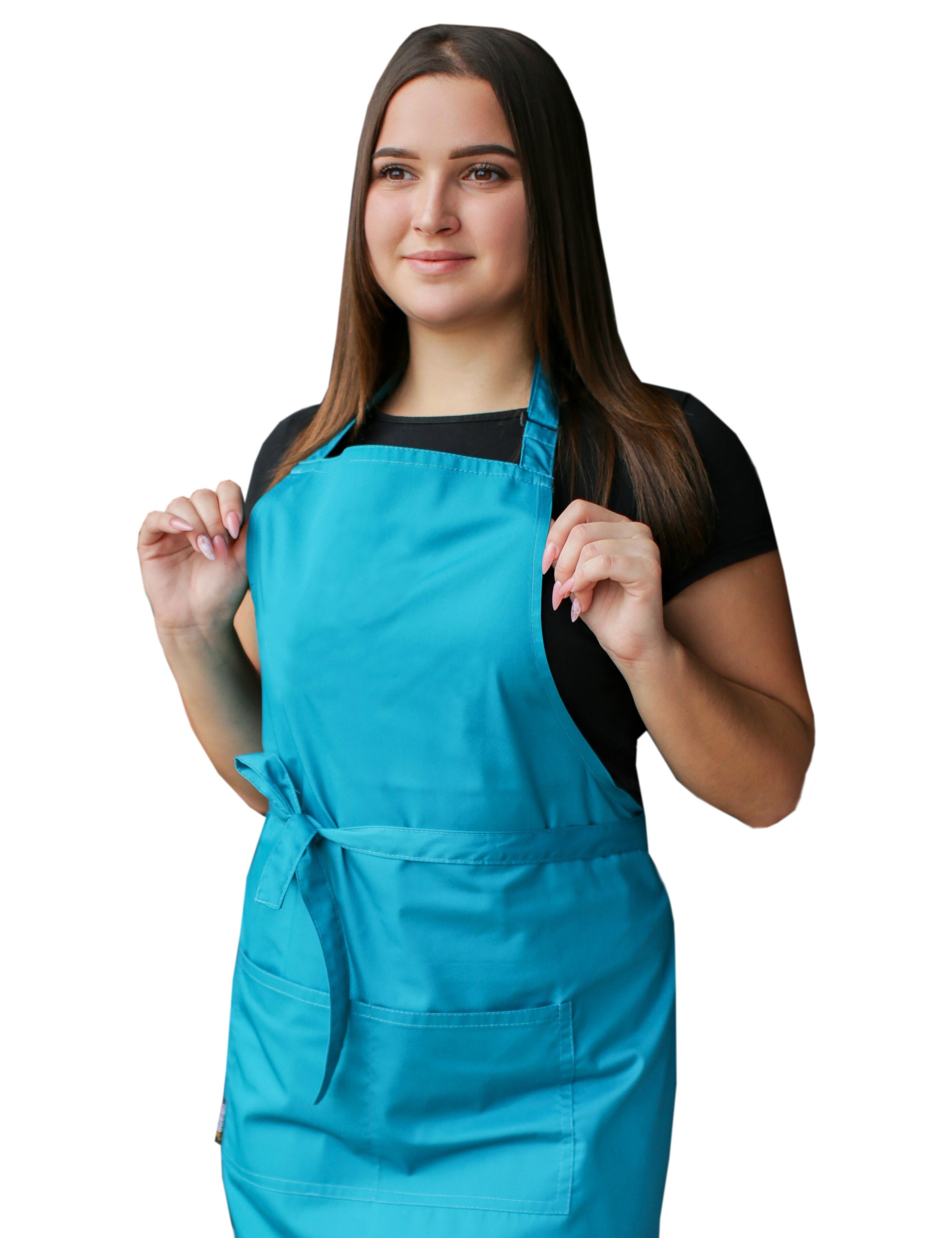 Mid-length turquoise work apron with front bib, clean and modern look
