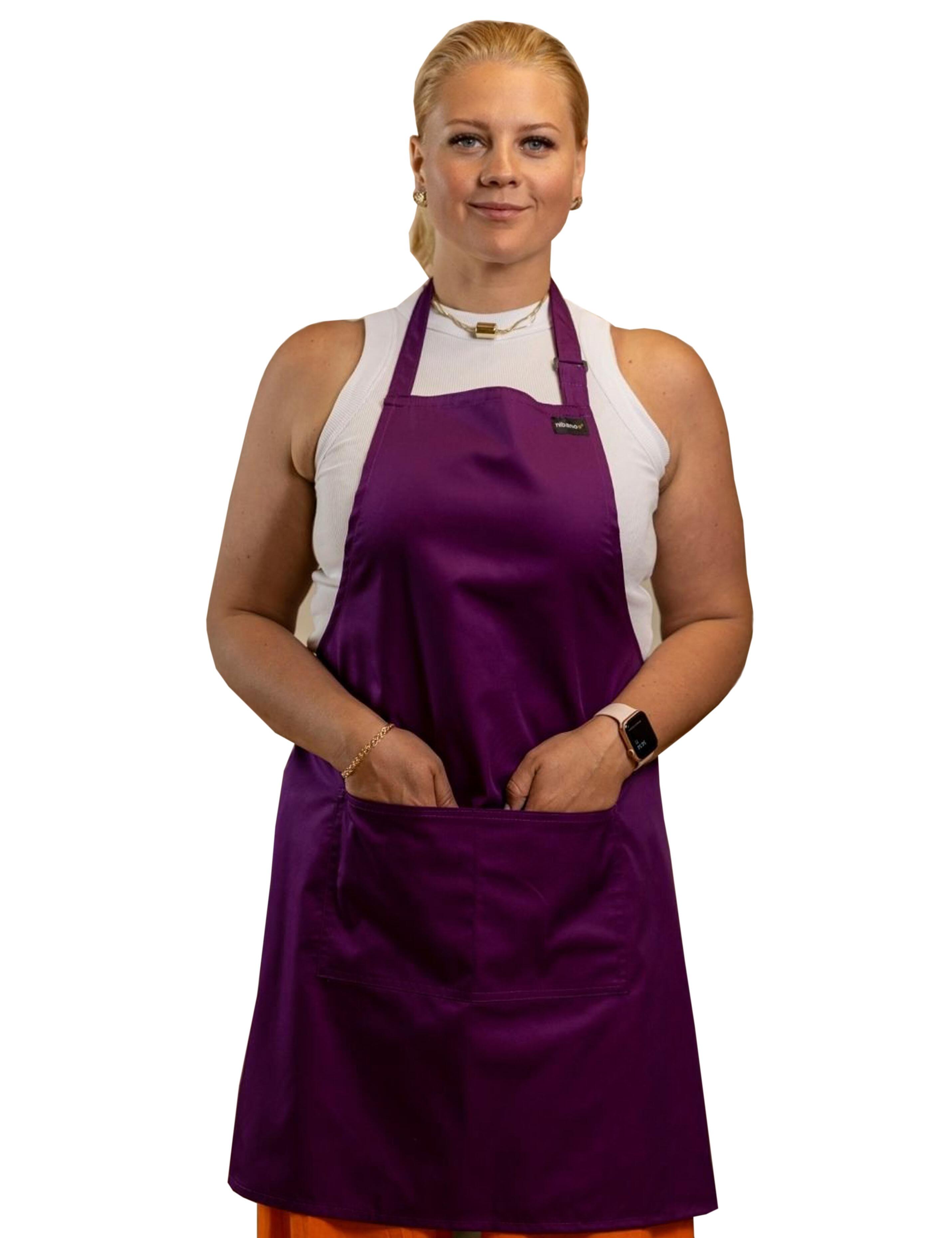 Mid-lengthPurple work apron with bib front, clean and professional look