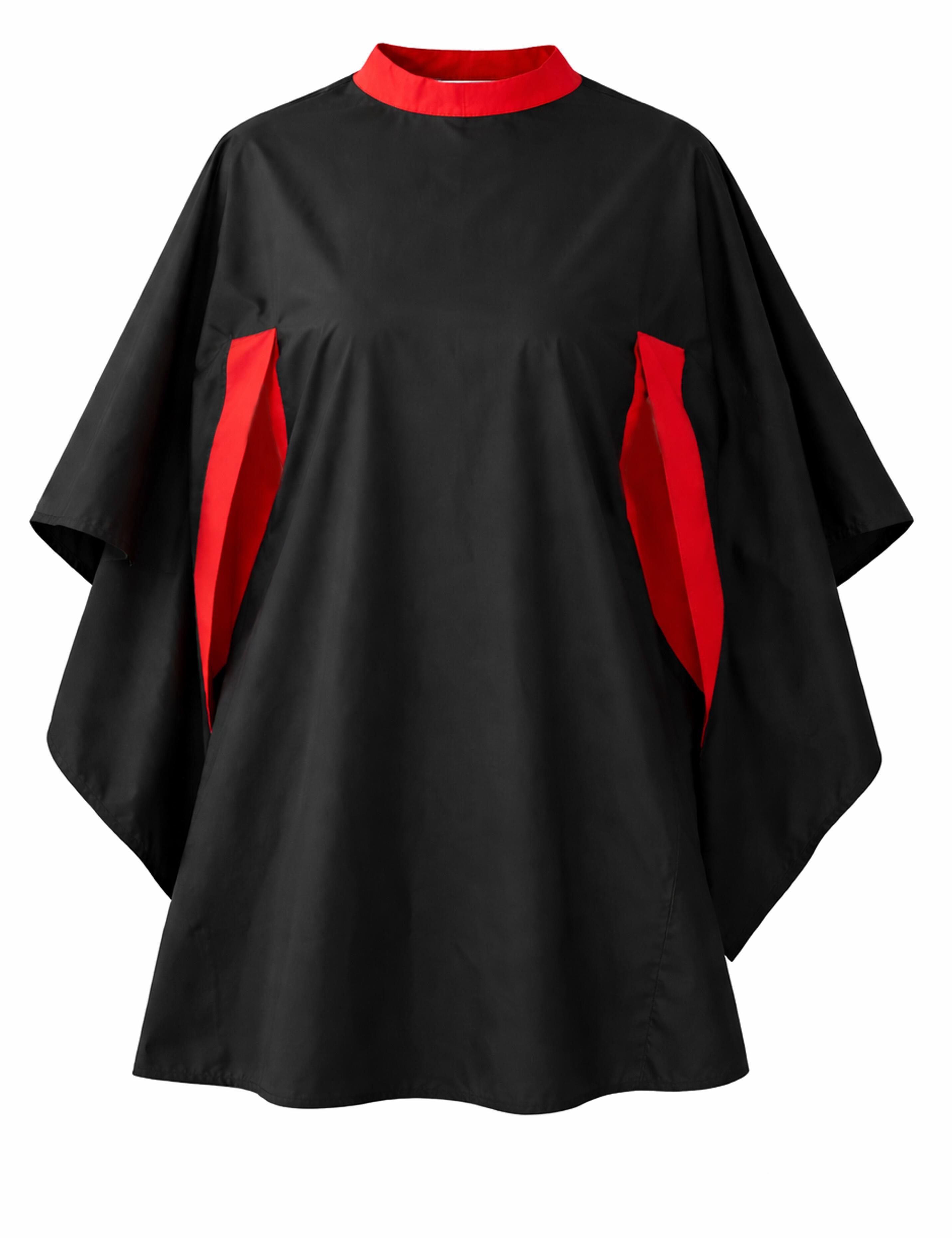 Black and red professional salon gown with hand slits for hairdressers