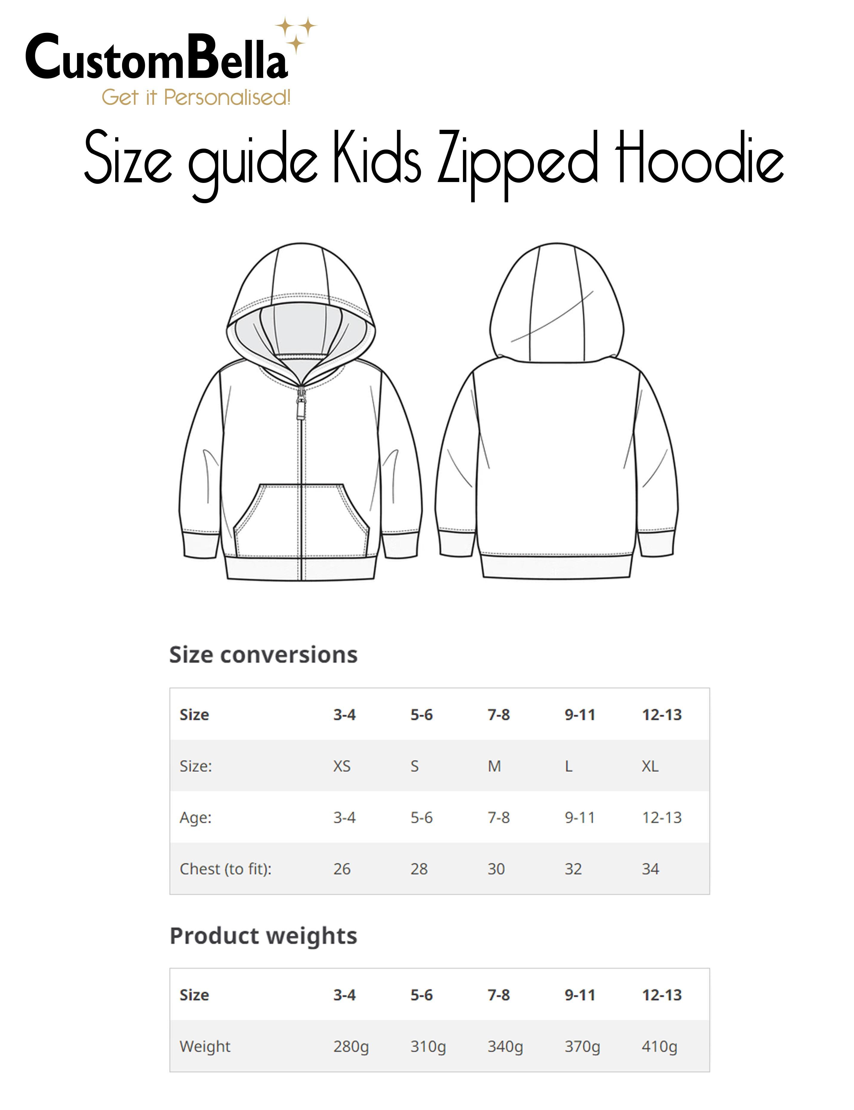 Printed Kids Zipped Hoodie Heather Grey size chart
