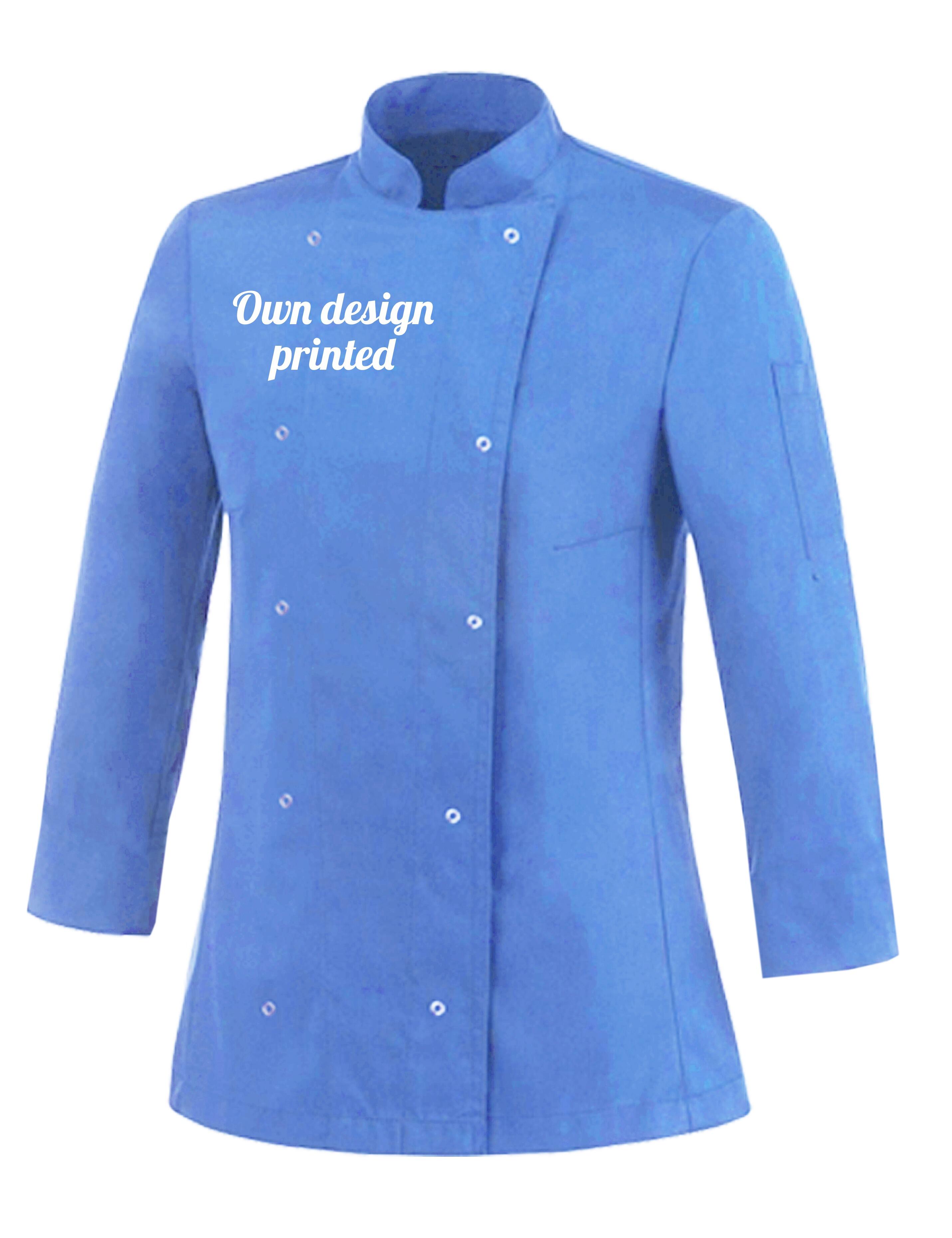 Personalised Women's Long Sleeve Chef's Jacket light blue with print