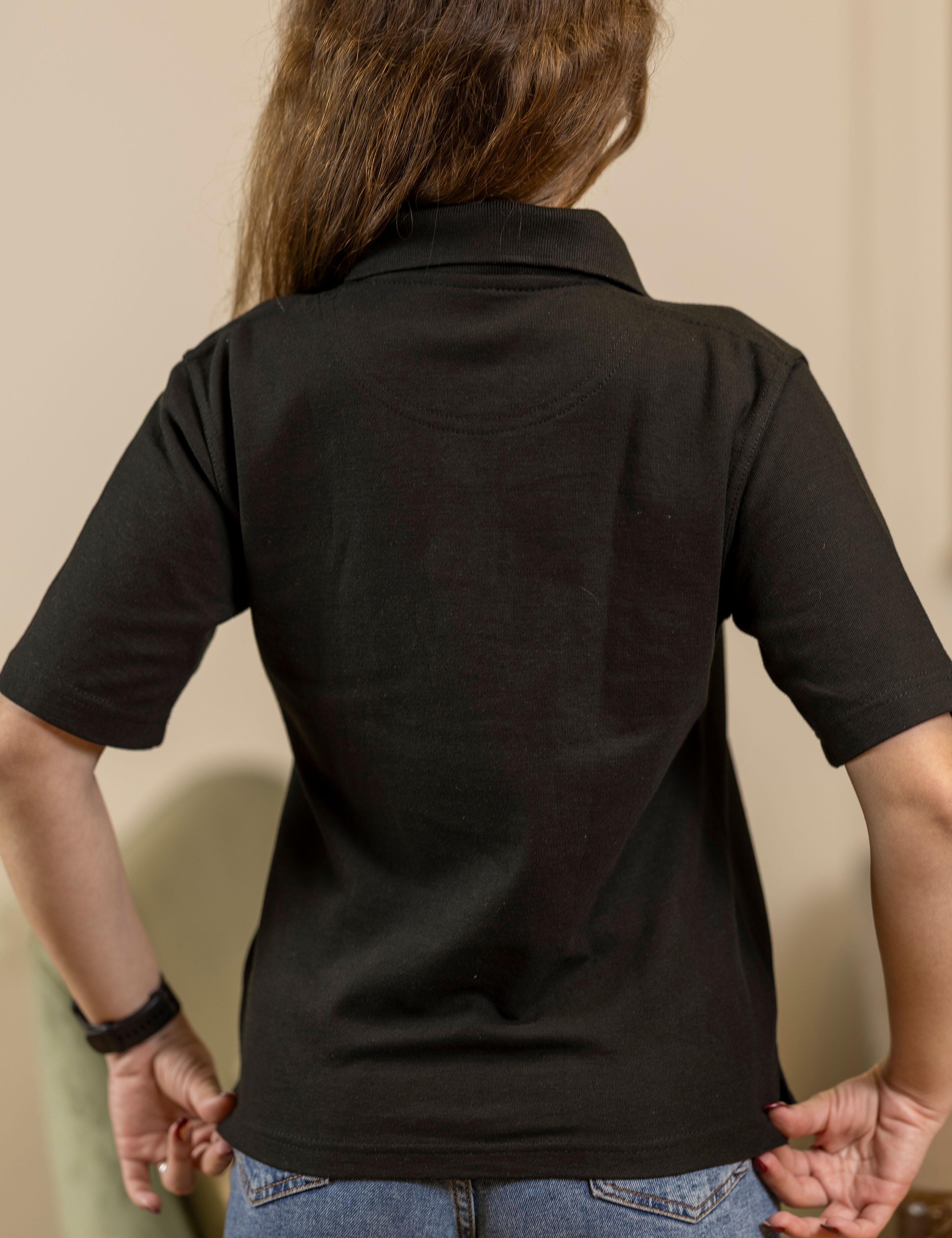 Back of Ladies Polo Shirt black with print