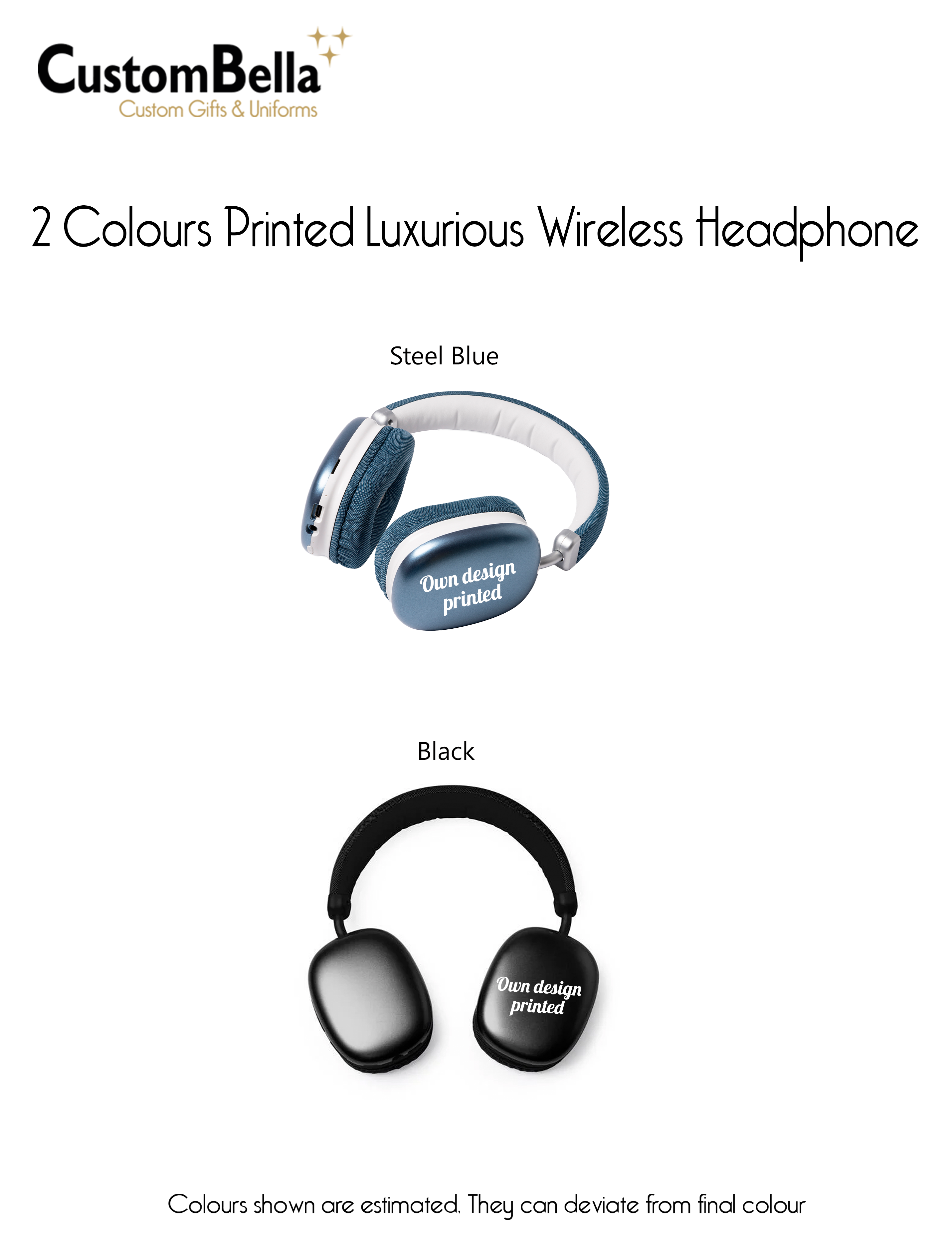 Personalised Printed wireless luxurious headphone steel blue