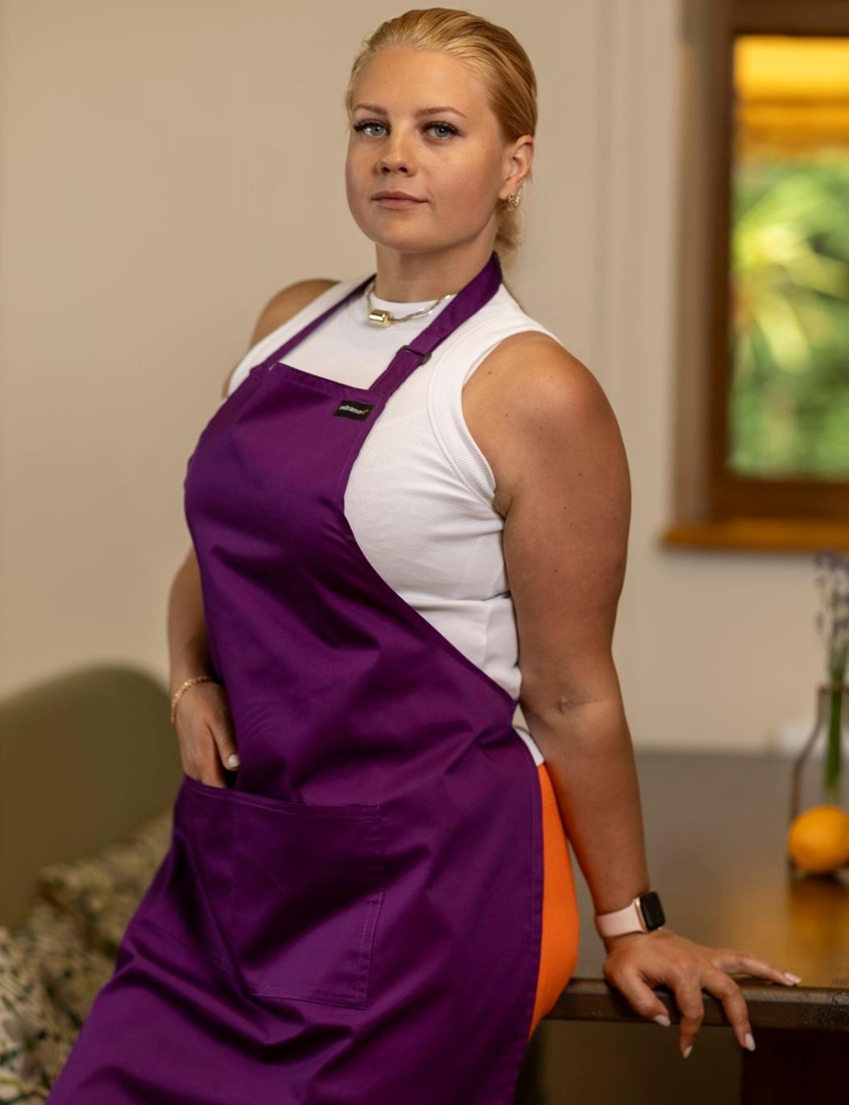 Purple bib apron made from durable polycotton, ideal for custom print or embroidery