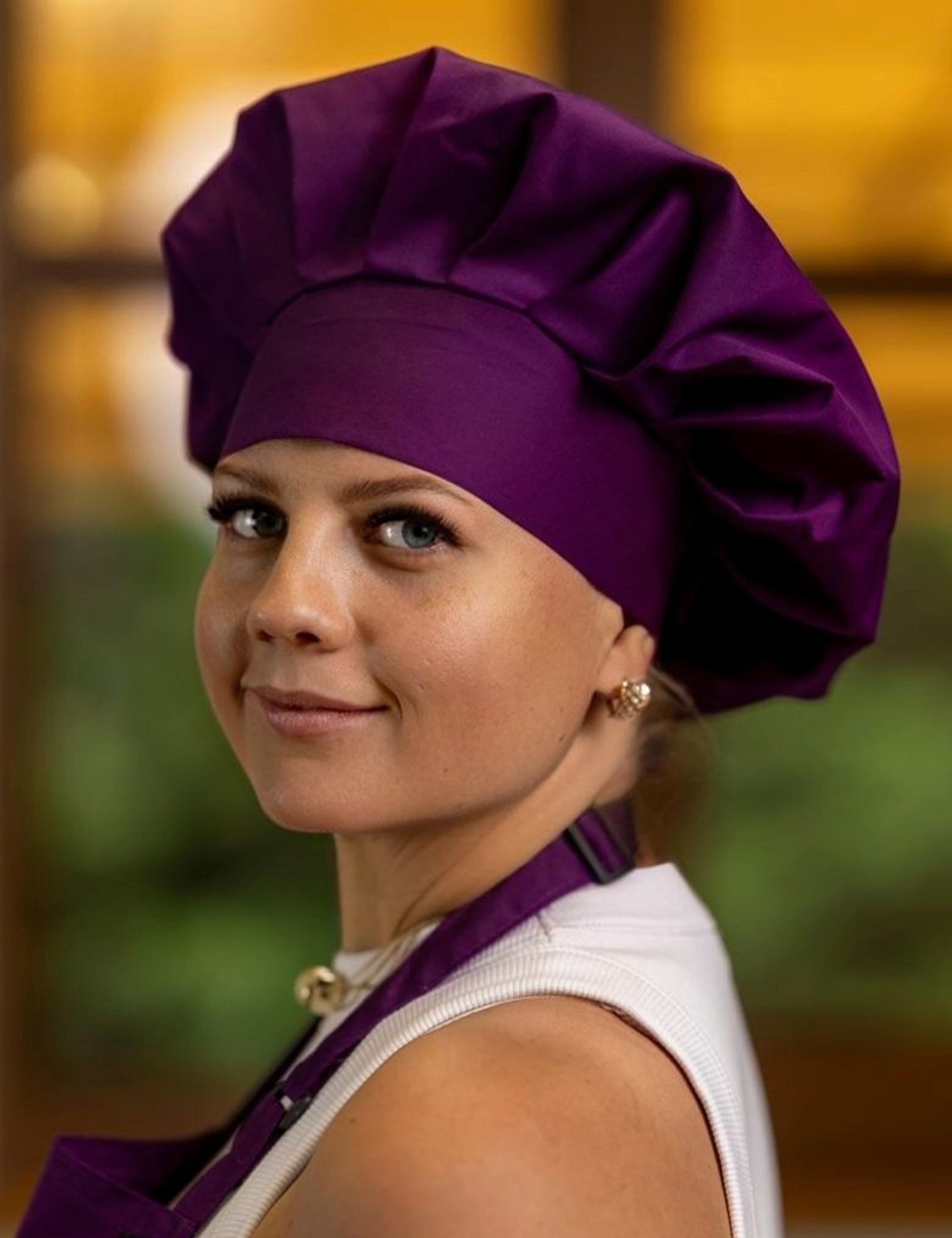 Embroidered or printed purple chef hat for culinary use