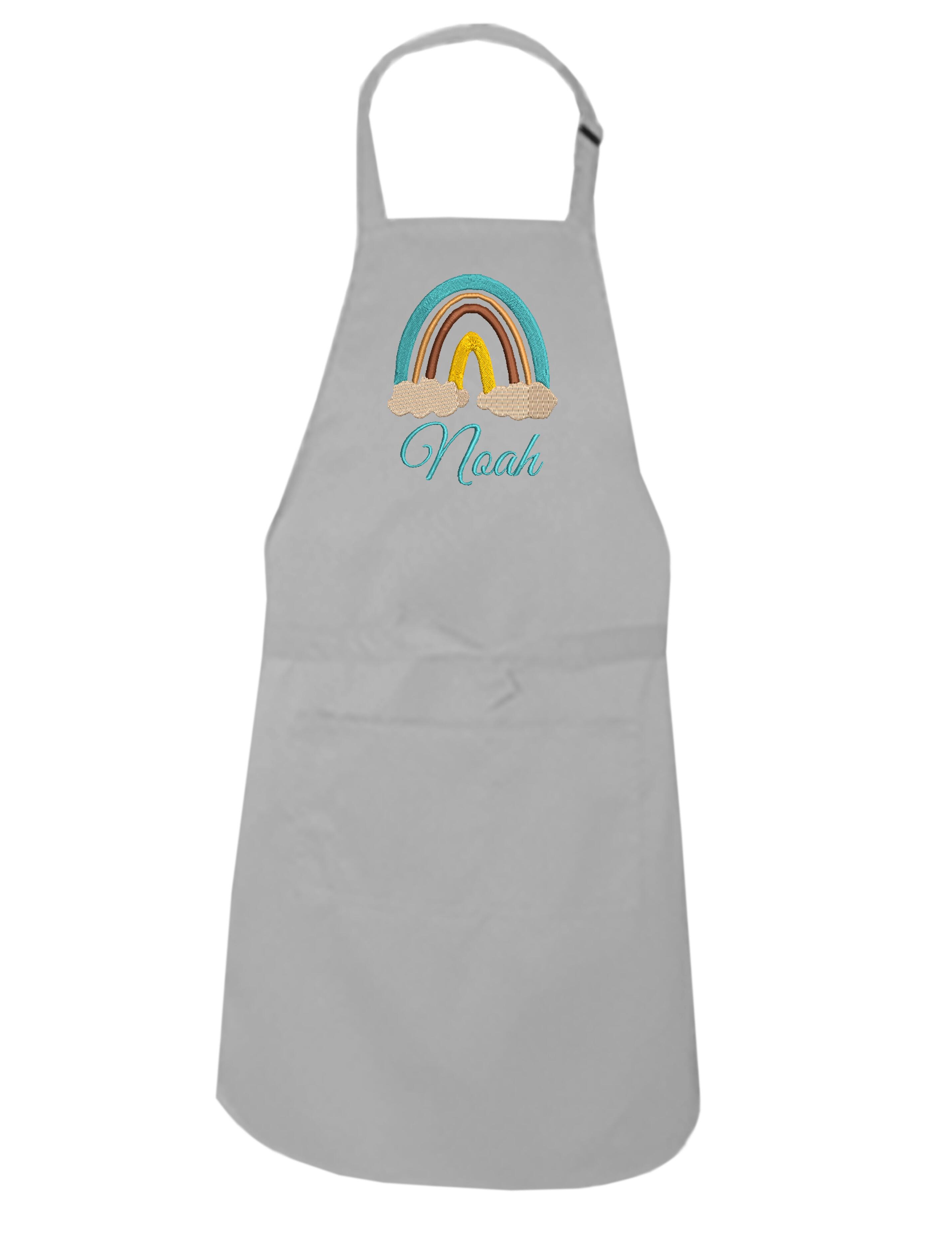 Personalised Rainbow Kids Apron Light Grey Embroidered