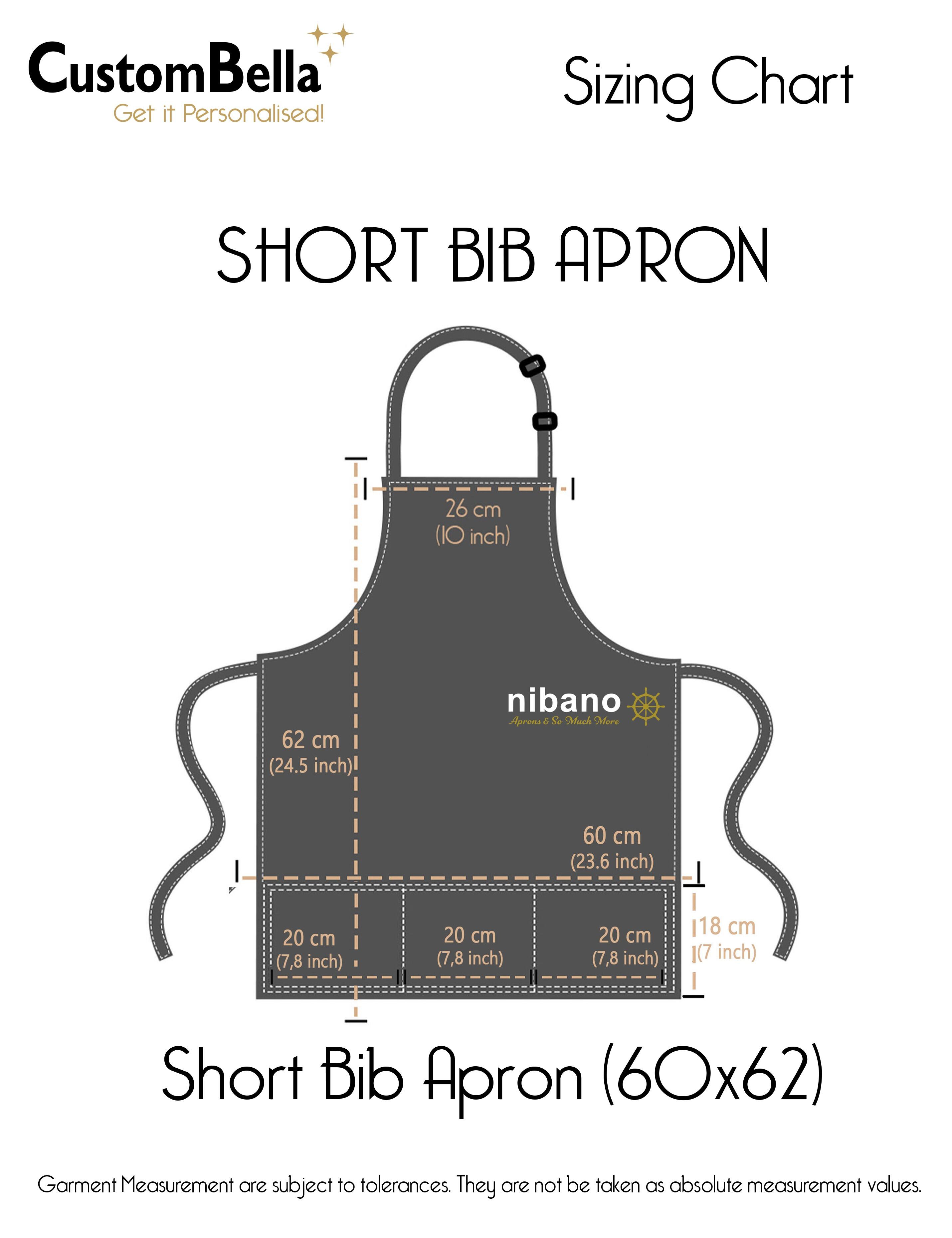 Short Bib Apron Kelly Green with embroidery size chart