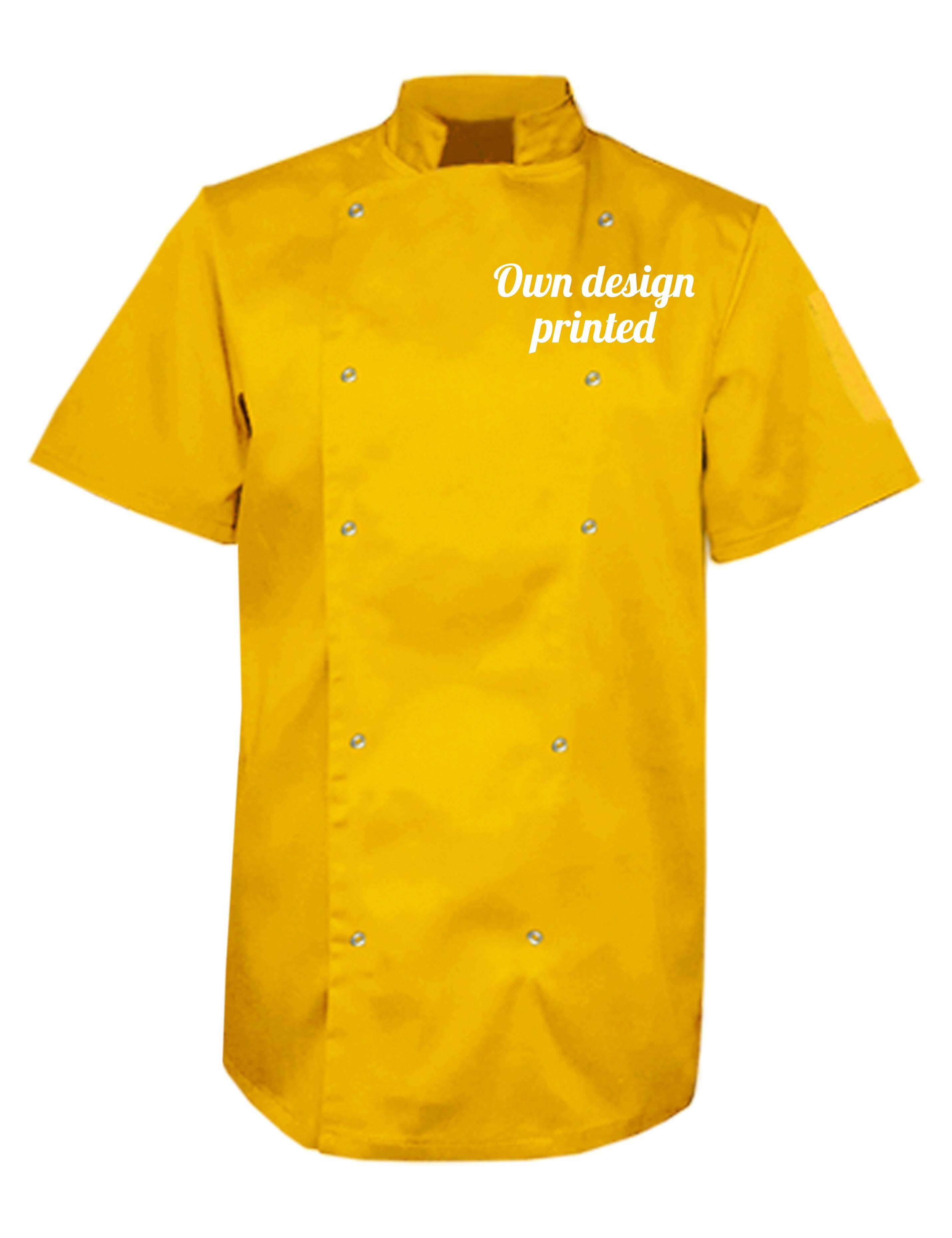 Personalised Short Sleeve Chef's Jacket Yellow with print