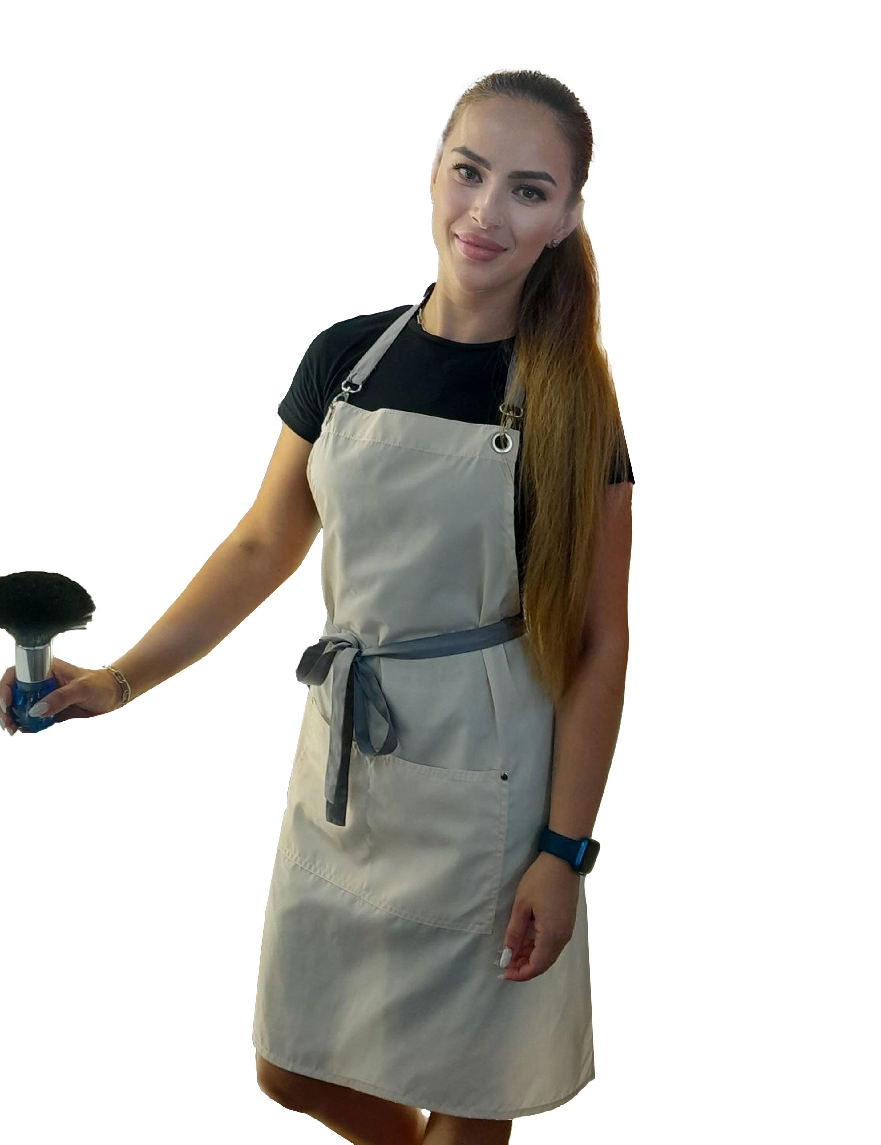 Waterproof bi-colour hairdressing apron with pockets, cream