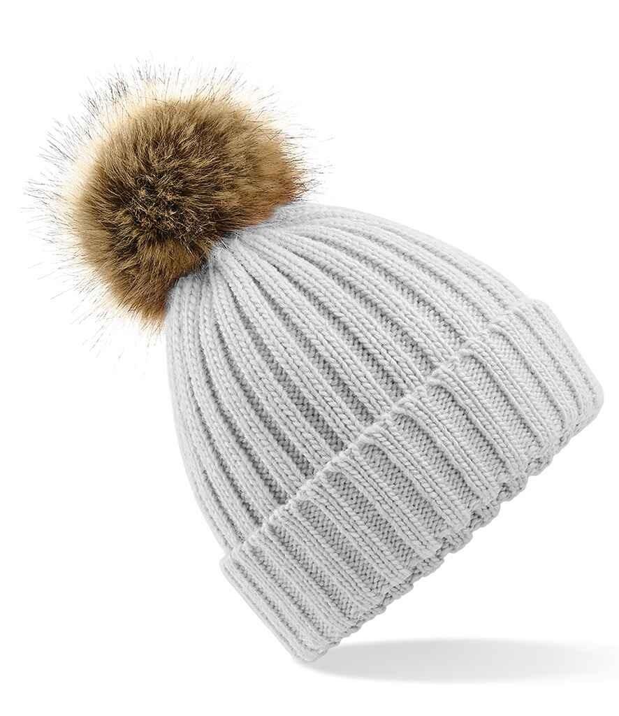 Faux Fur Pom Pom Beanie Light Grey