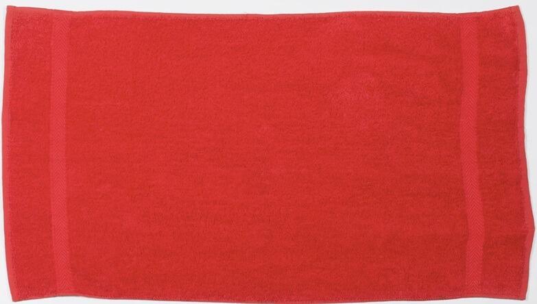 Custom embroidered red guest towel personalised in house in Greenock UK