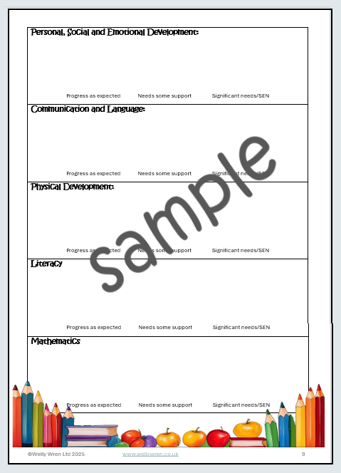 Sample report template page from the Welly Wren Transition to School Pack
