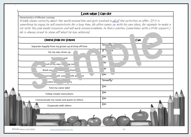 Sample report sample from the Welly Wren Transition to School Pack