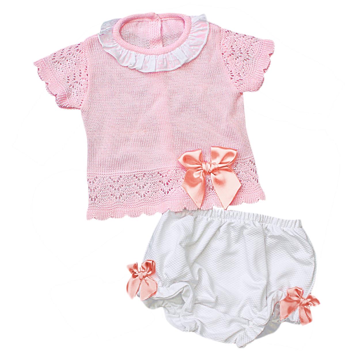 Baby Girls Pink Short Sleeve Top and Jam Pants Set with satin bows 