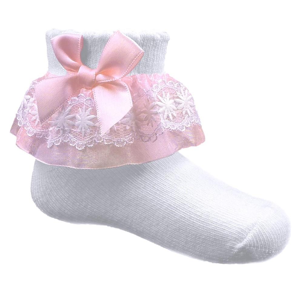 White Baby Girls Lace Frill Socks Pink Spot Ribbon Trim with Bows 3-6 months 
