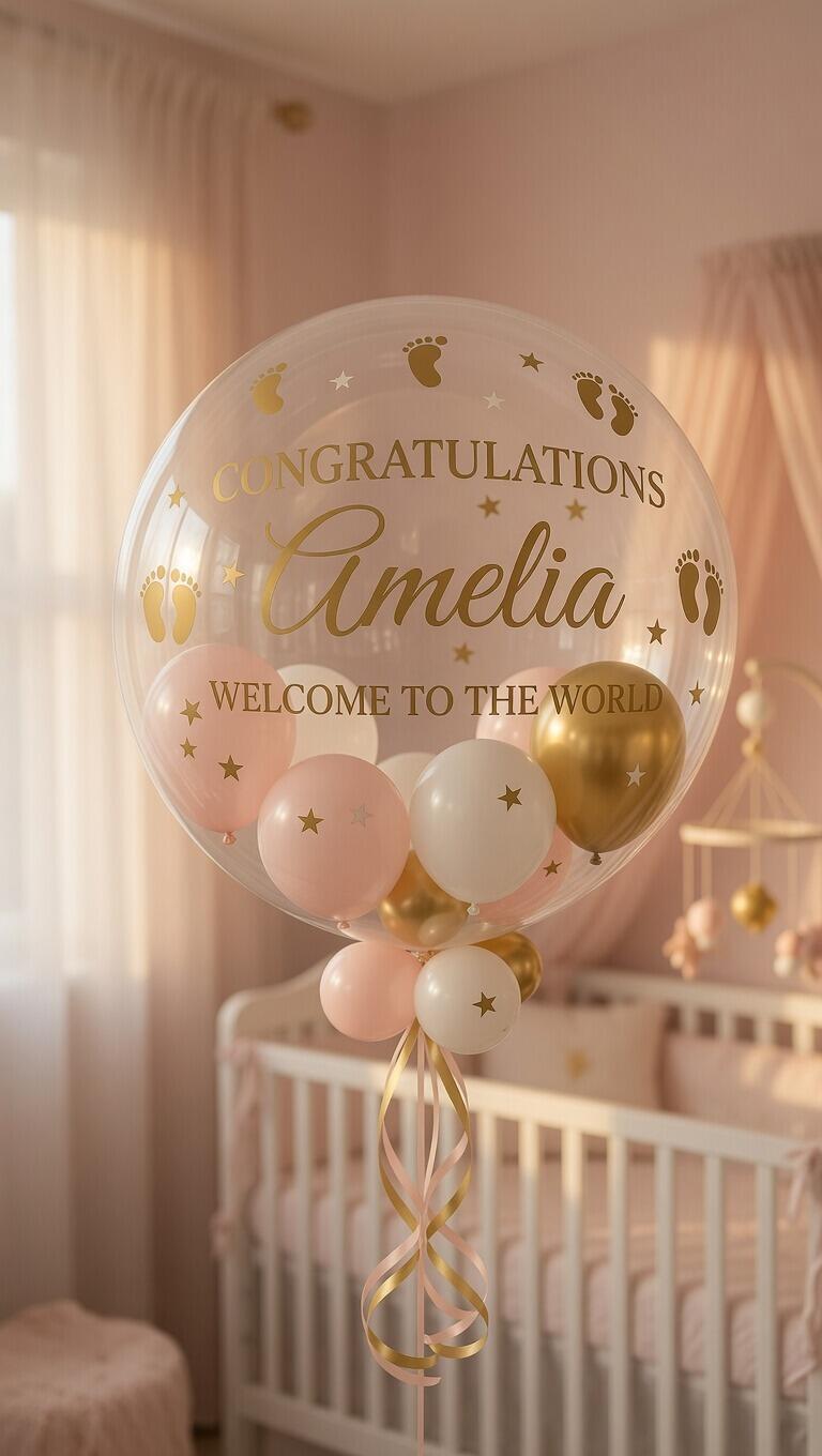 Blush pink and gold themed new baby girl personalised balloon