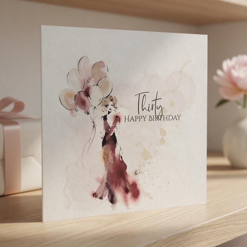 30th Birthday Female Greeting Card hand-finished Ladybug greeting card with Swarovski crystals or pearls