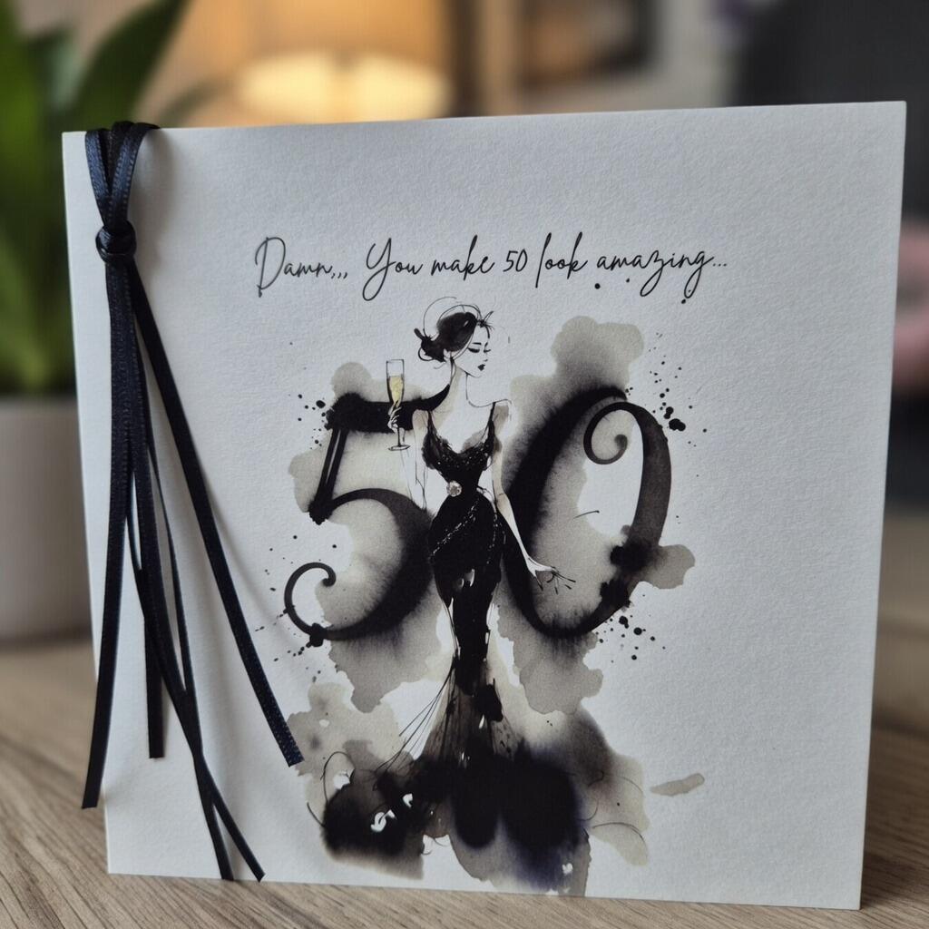 50th Birthday Ribbon Greeting Card hand-finished Ladybug greeting card with Swarovski crystals or pearls