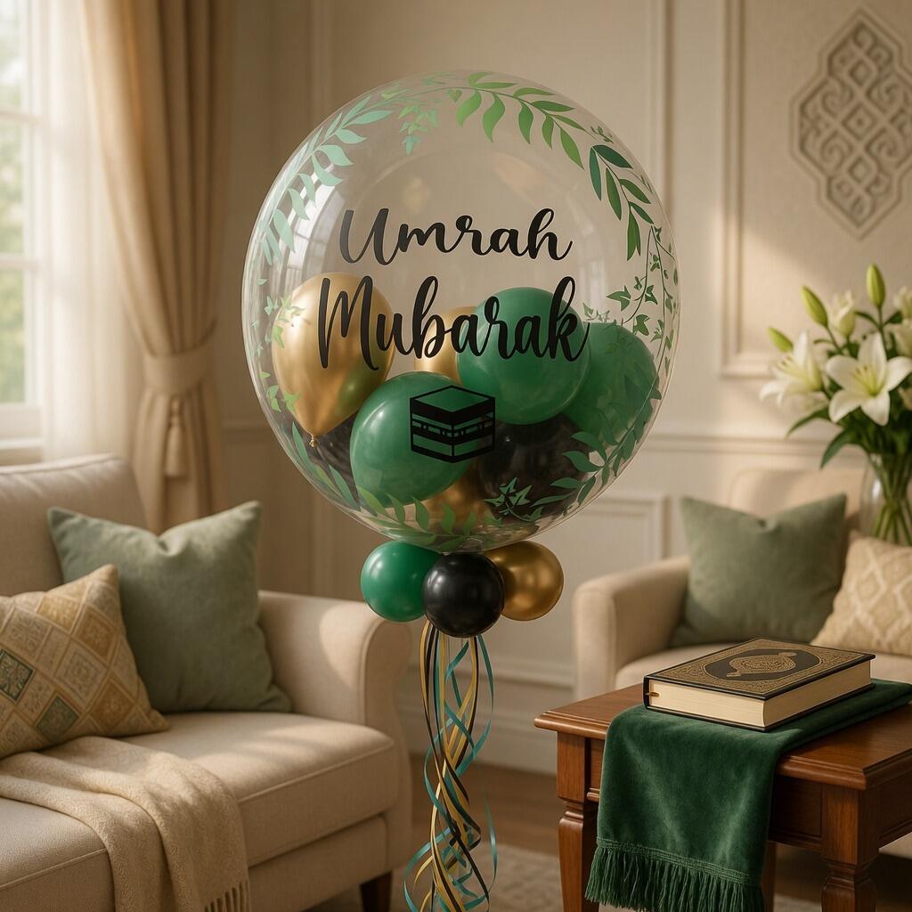 Personalised 24 inch Umrah Mubarak bubble balloon box in green gold and black