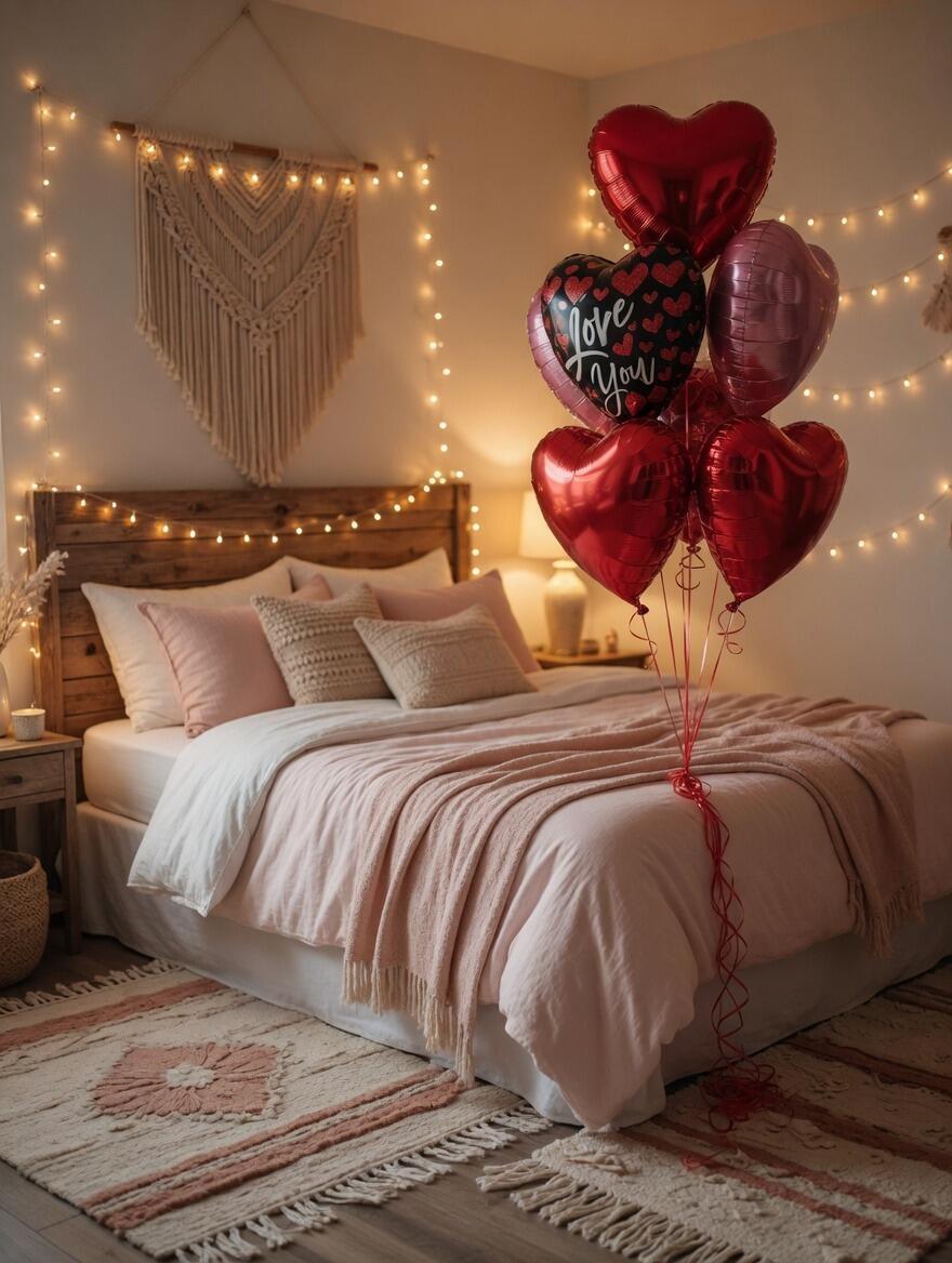 Luxury Red Heart Balloon Bouquet in Elegant Living Room | Valentine’s Day Decor