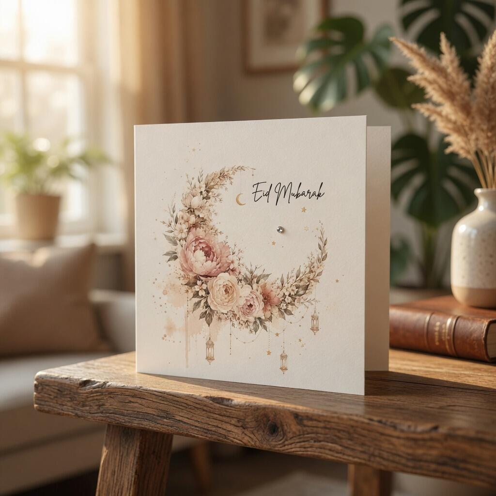Eid Mubarak Floral Crescent Card hand-finished Ladybug greeting card with Swarovski crystals or pearls