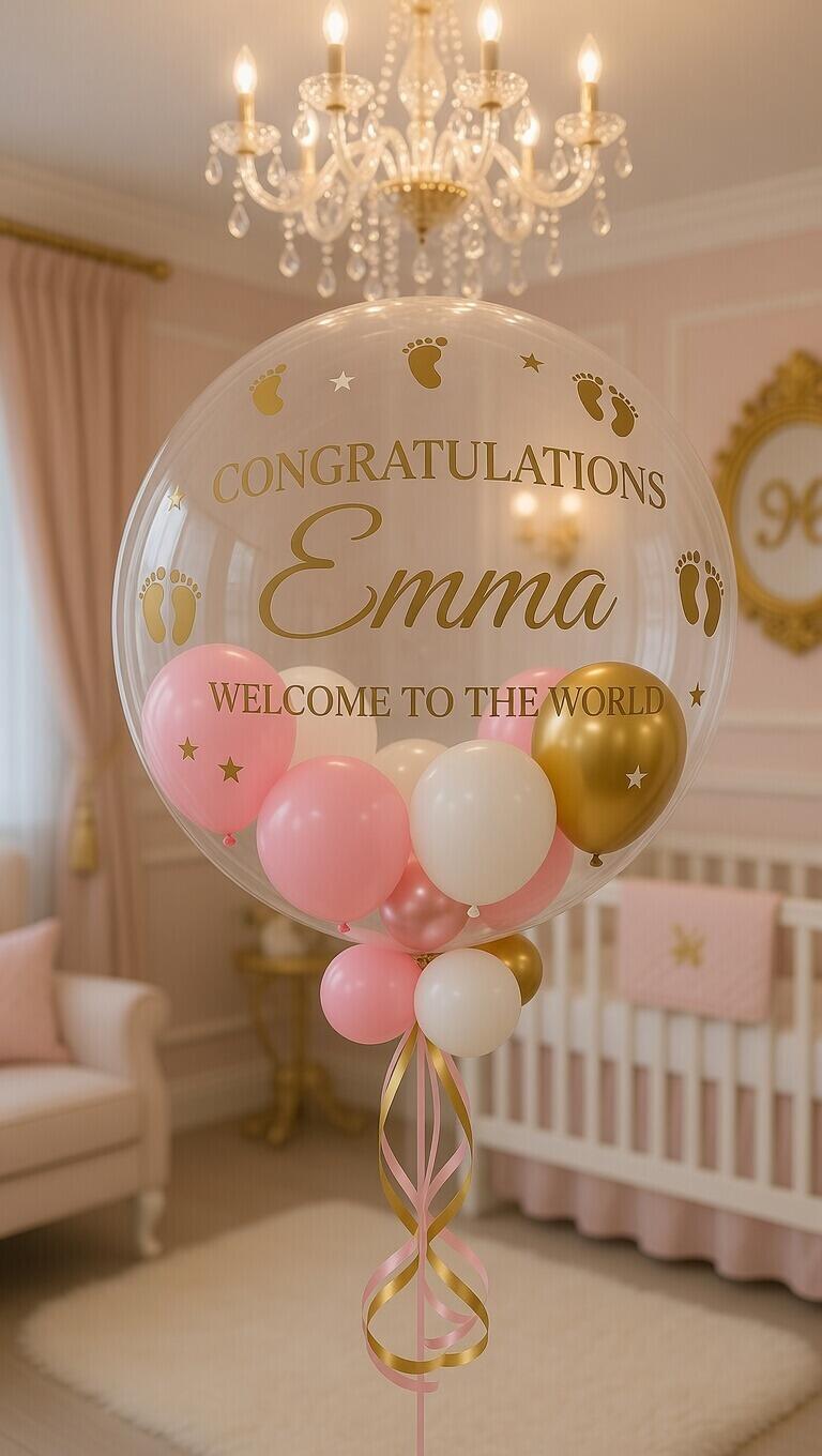 Pink and gold themed new baby girl personalised balloon