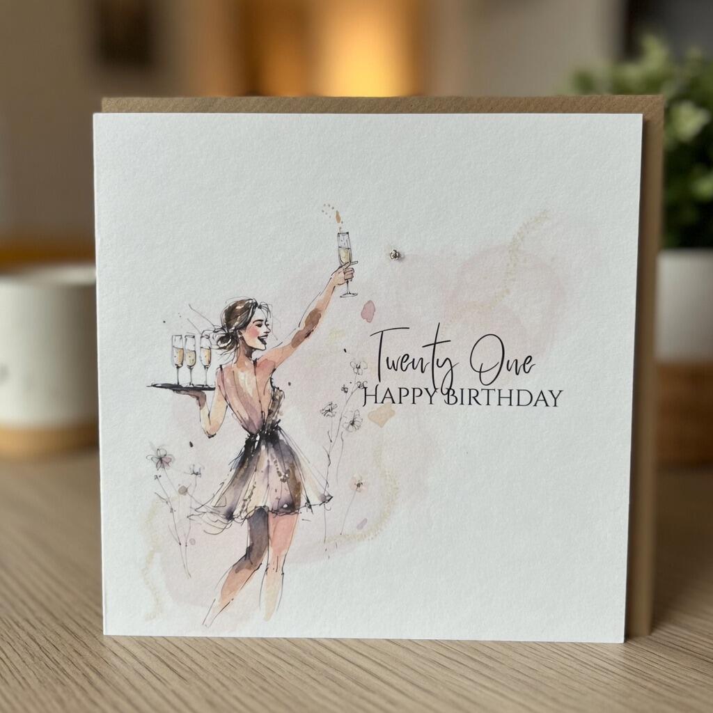 21st Birthday Fashion Illustration Card hand-finished Ladybug greeting card with Swarovski crystals or pearls