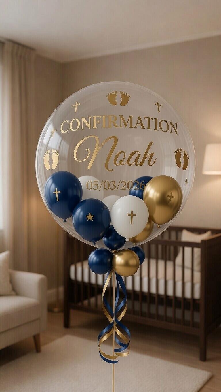 Blue and gold themed boy confirmation personalised balloon