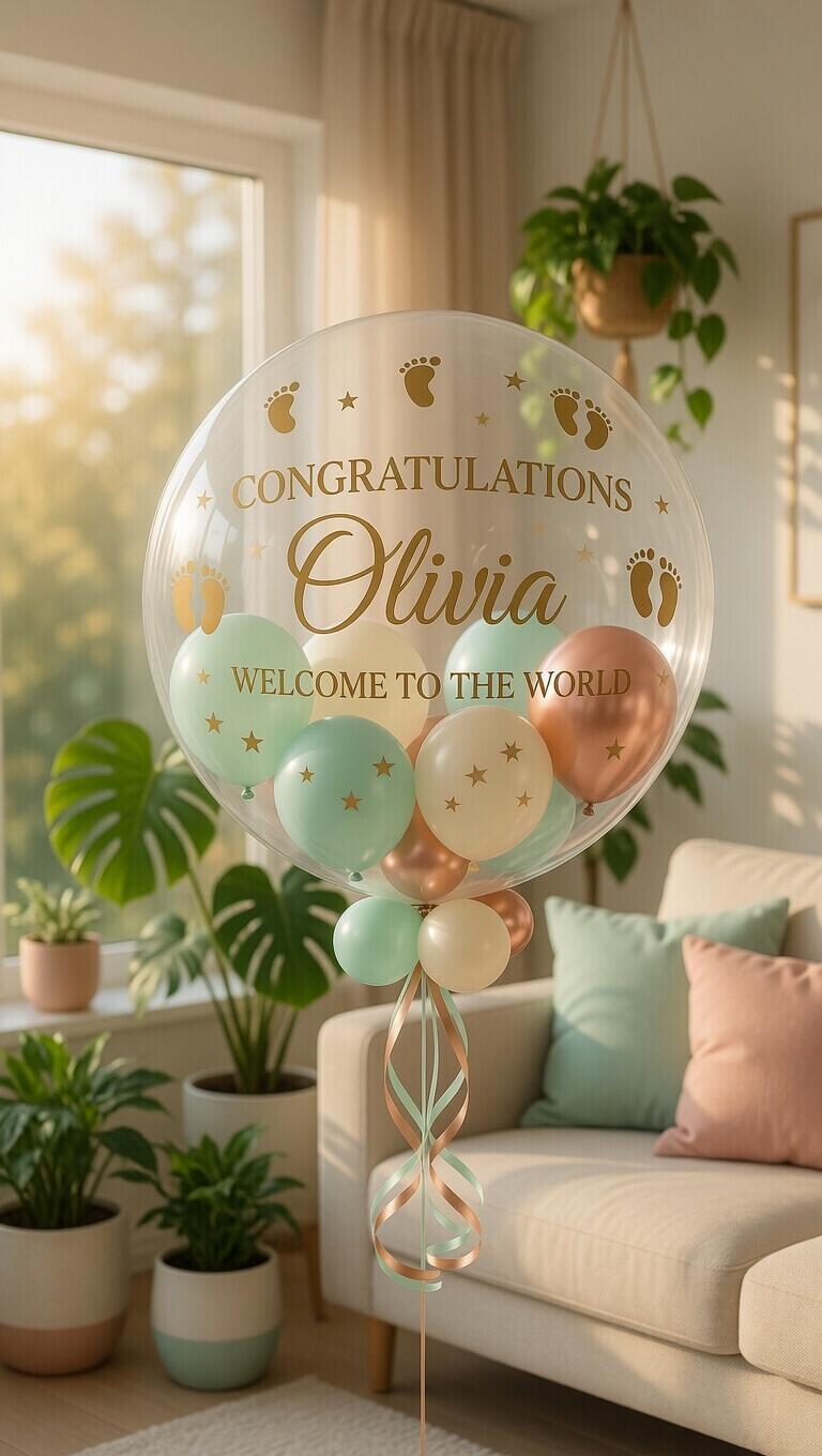 Mint green and rose gold themed new baby girl personalised ballo