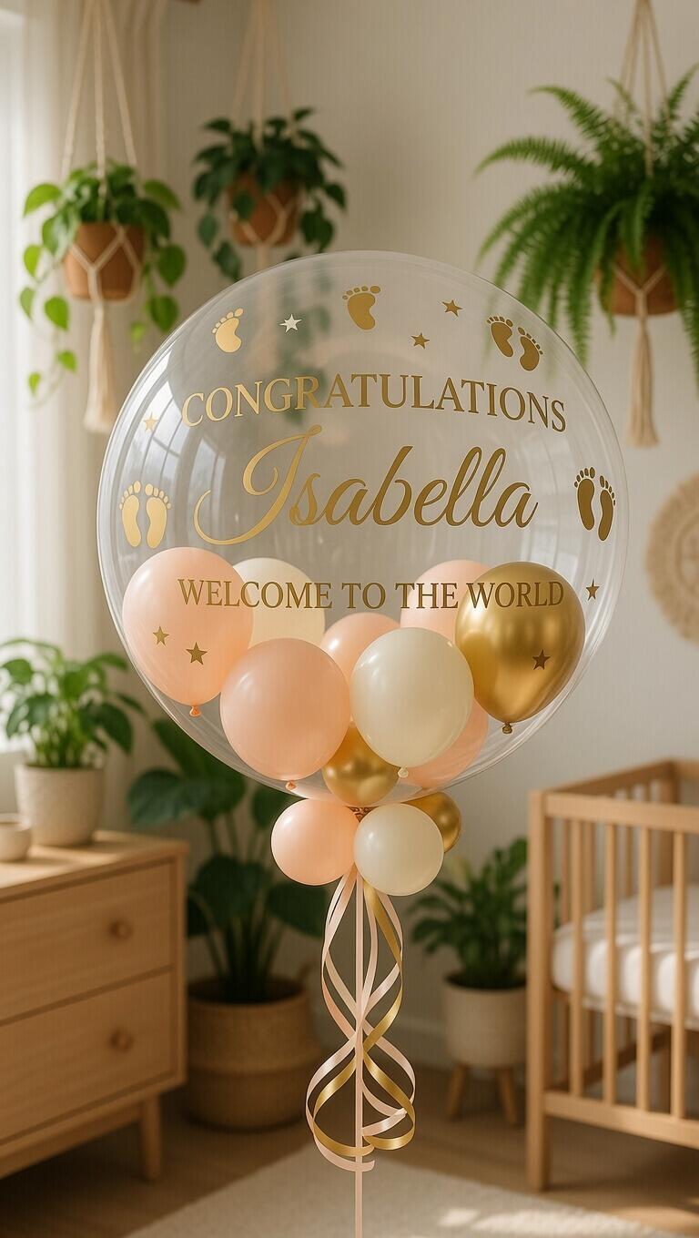 Peach and cream themed new baby girl personalised balloon