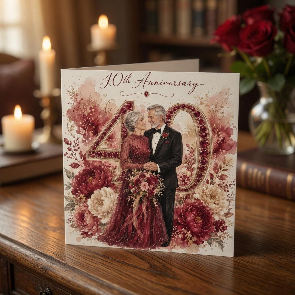 40th Ruby Anniversary Card hand-finished Ladybug greeting card with Swarovski crystals or pearls