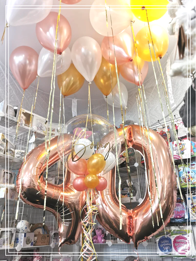 Luxury personalised balloon and number party package with matching floor and ceiling balloons