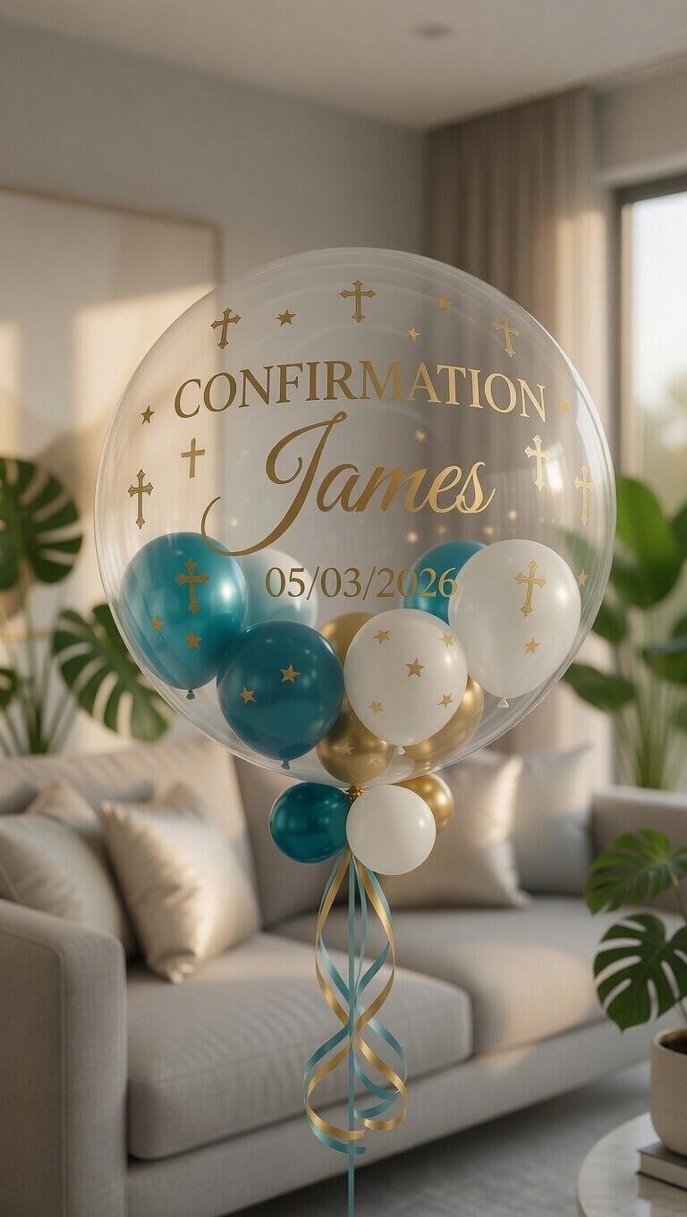 Teal and gold themed boy confirmation personalised balloon